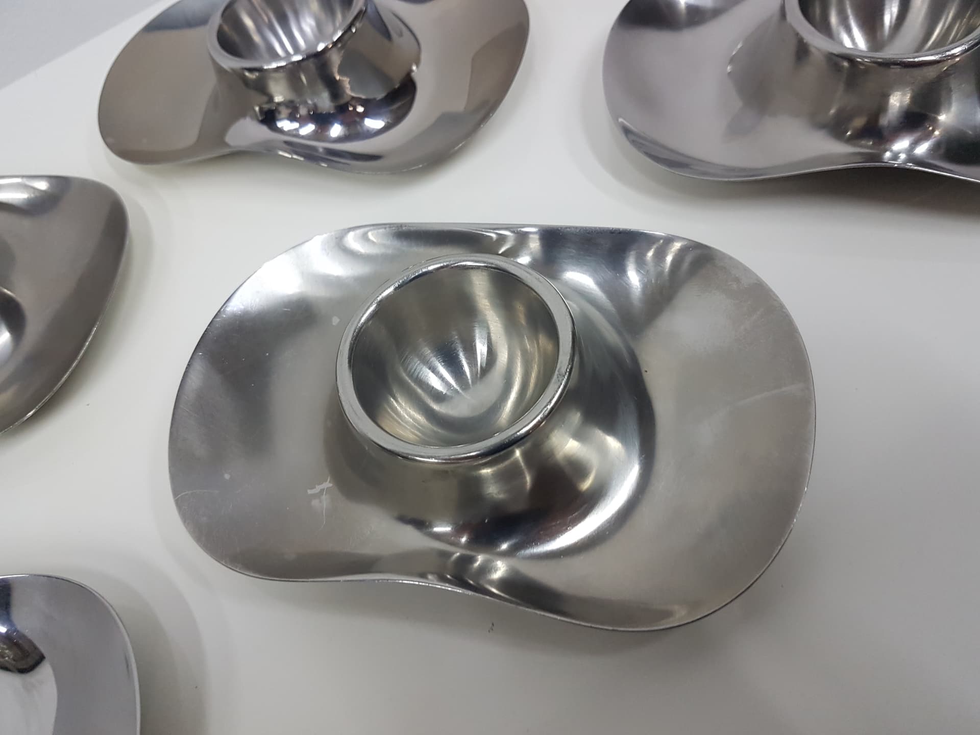 Set of six egg holders, silver stainless steel, by W. Wagenfeld, WMF, Germany, 1960s. - 351988