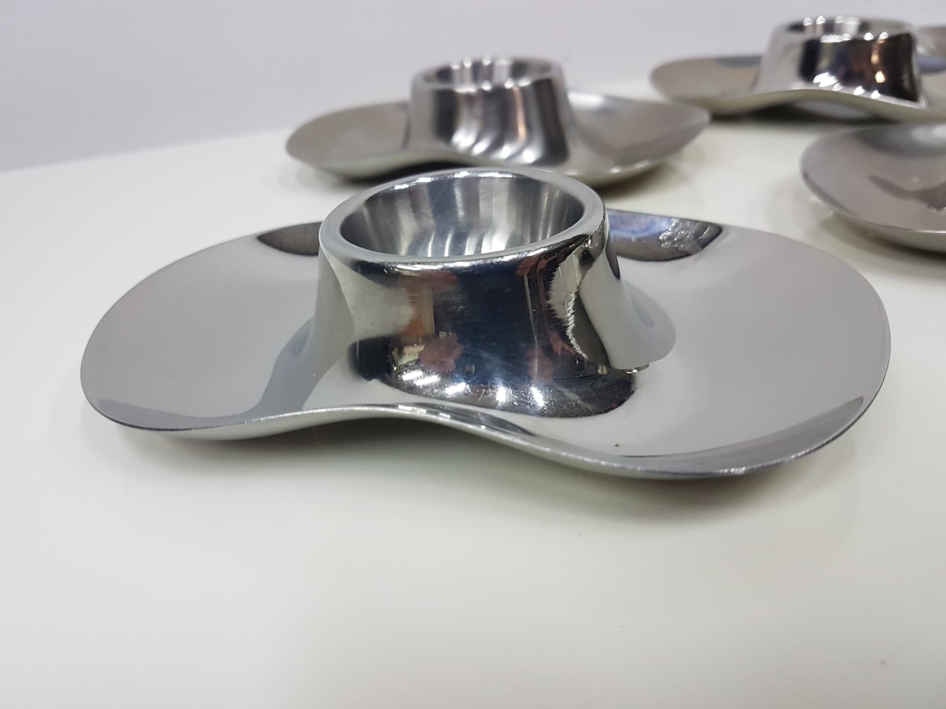 Set of six egg holders, silver stainless steel, by W. Wagenfeld, WMF, Germany, 1960s. - 351992
