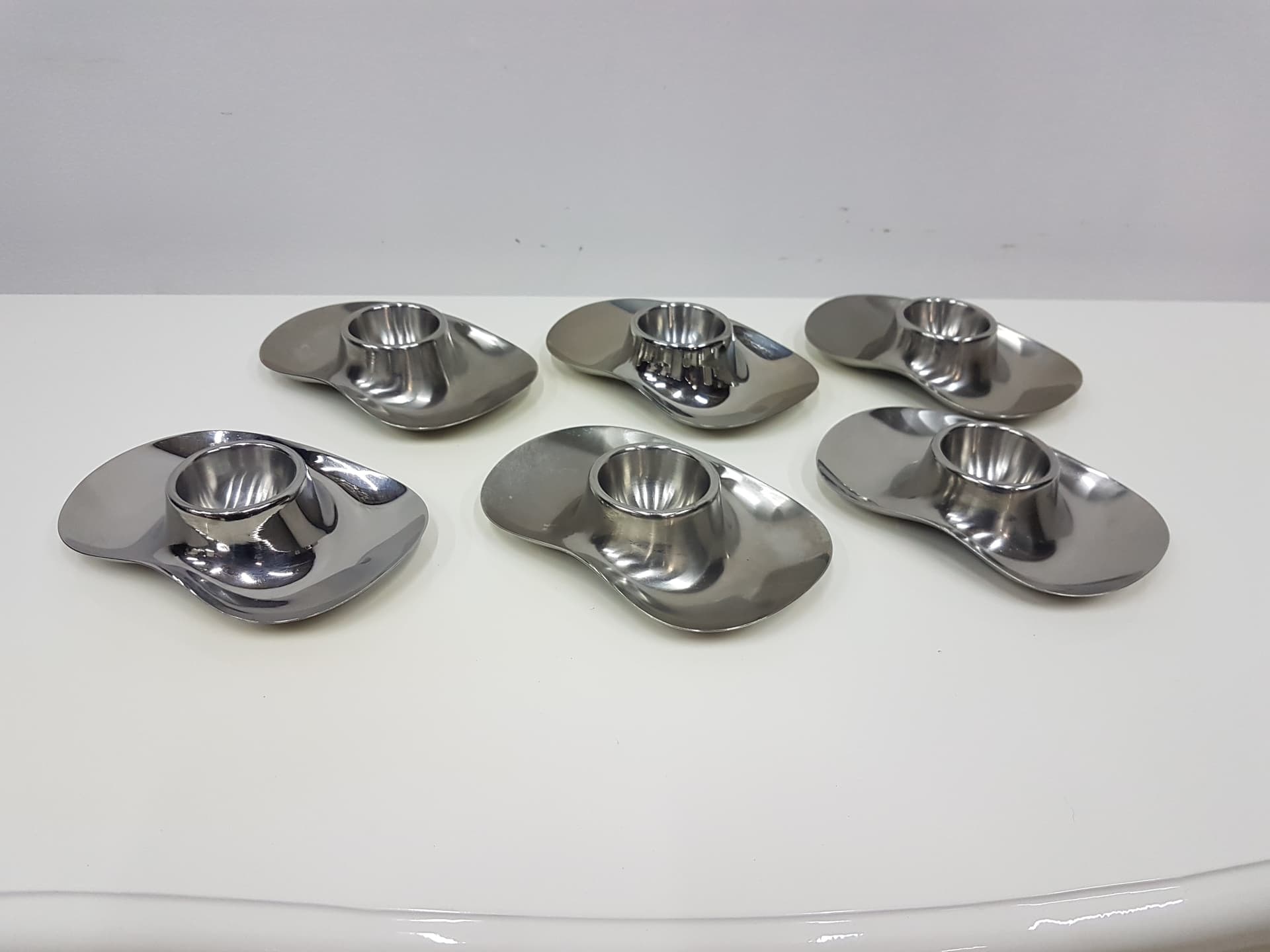 Set of six egg holders, silver stainless steel, by W. Wagenfeld, WMF, Germany, 1960s. - 351990