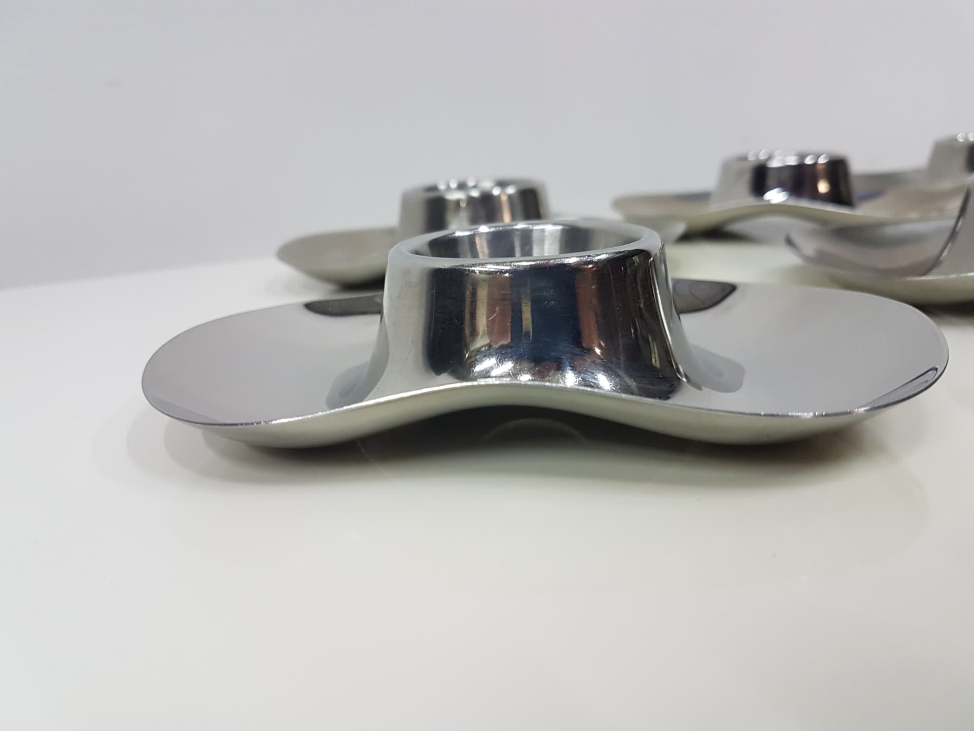 Set of six egg holders, silver stainless steel, by W. Wagenfeld, WMF, Germany, 1960s. - 351989