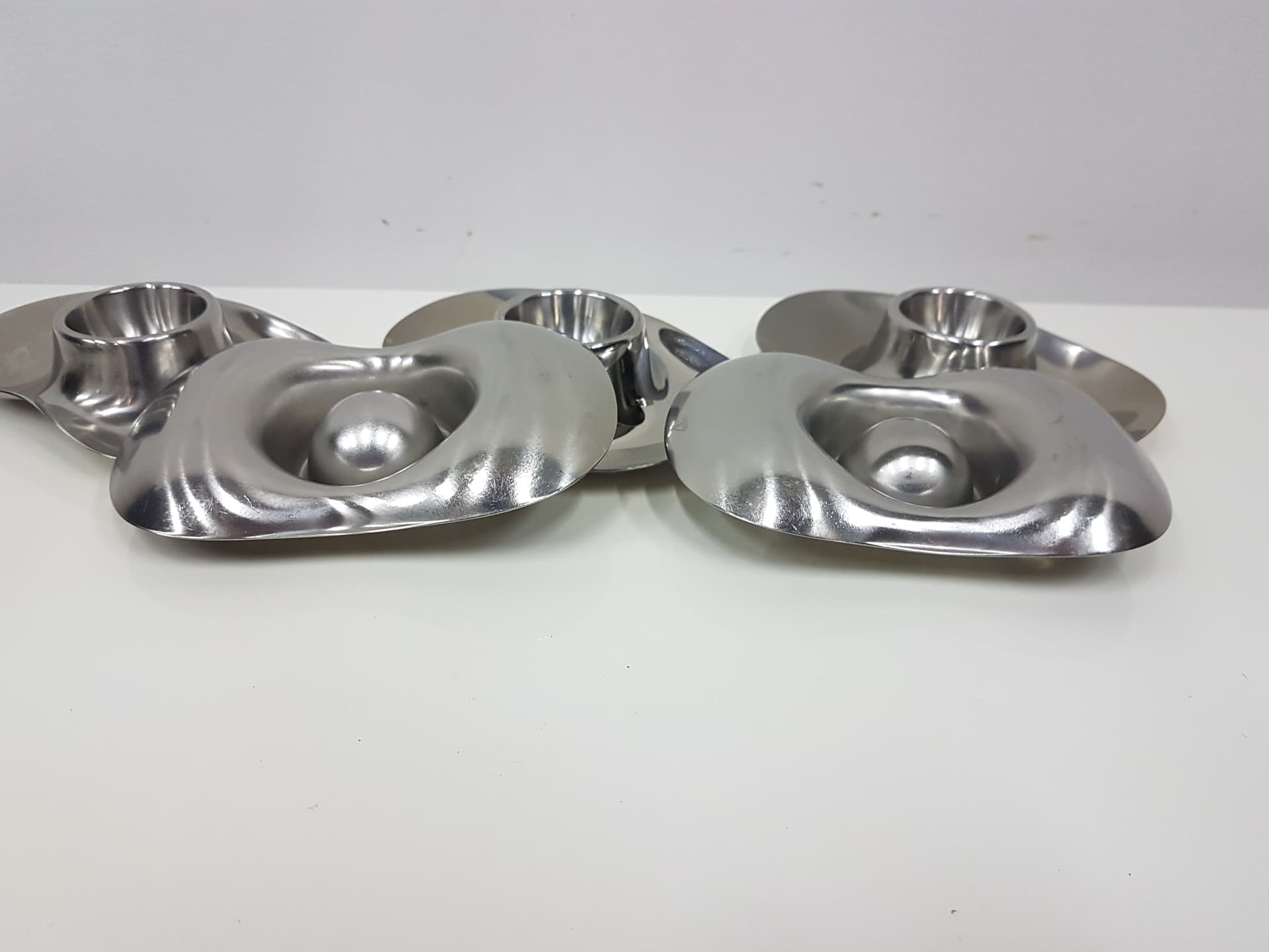 Set of six egg holders, silver stainless steel, by W. Wagenfeld, WMF, Germany, 1960s. - 351985