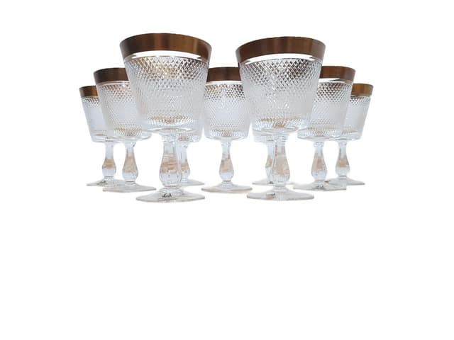 Set of nine glasses Rheinkristall, transparent crystal, gold-plated, Germany, 1960s. - DIMENSION