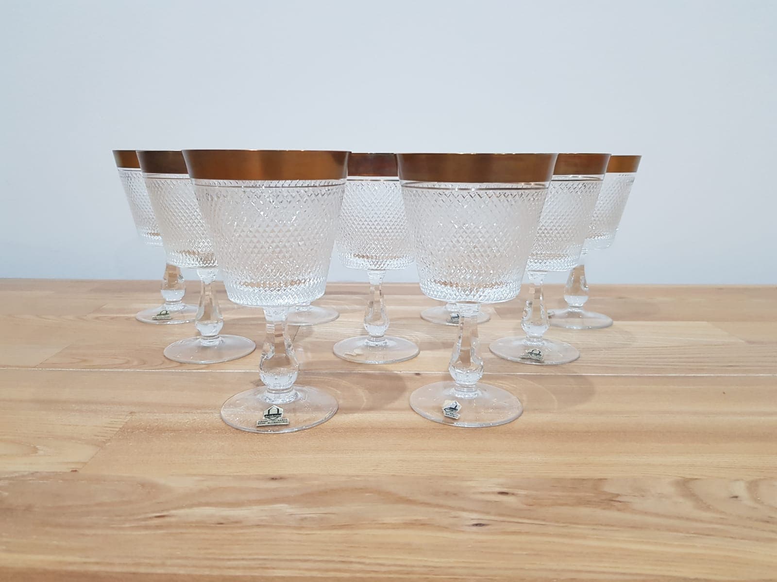 Set of nine glasses Rheinkristall, transparent crystal, gold-plated, Germany, 1960s. - 352042