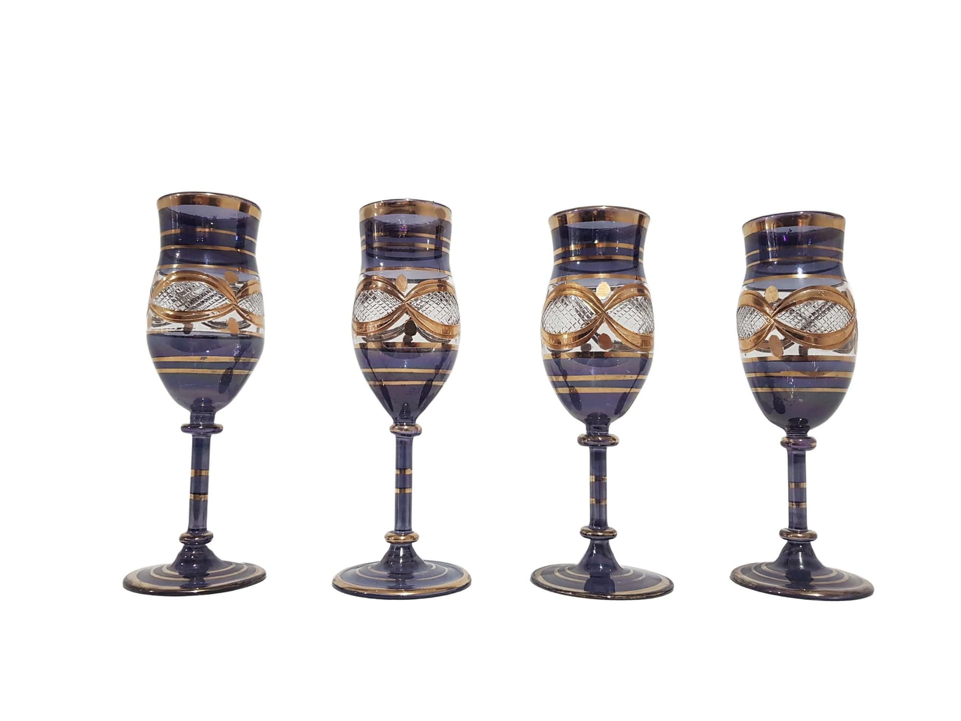 Set of Four Venetian Glasses, blue glass, gold, Italy, 1960s