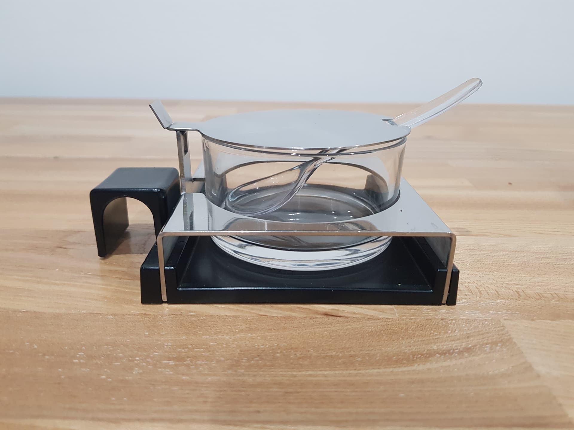 Condiment and Sweet Set Abert, silver stainless steel, transparent glass, Italy, 1970s. - 352073
