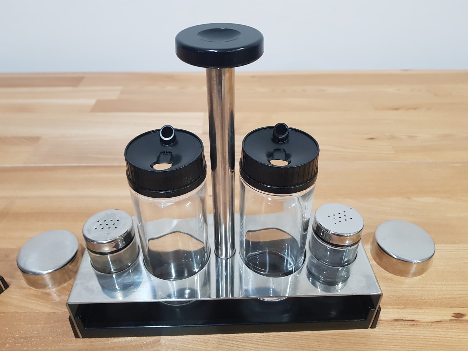 Condiment and Sweet Set Abert, silver stainless steel, transparent glass, Italy, 1970s. - 352067