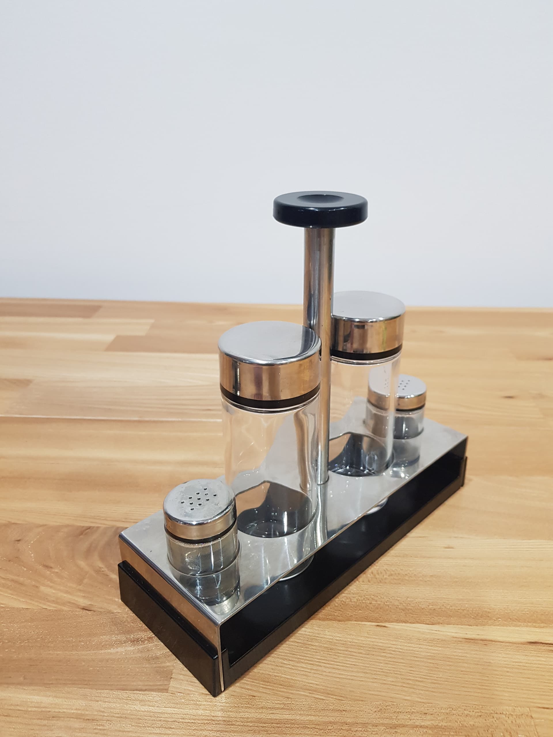 Condiment and Sweet Set Abert, silver stainless steel, transparent glass, Italy, 1970s. - 352065