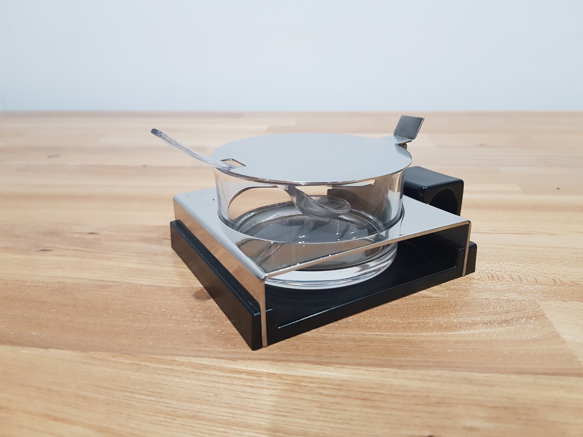 Condiment and Sweet Set Abert, silver stainless steel, transparent glass, Italy, 1970s. - 352063