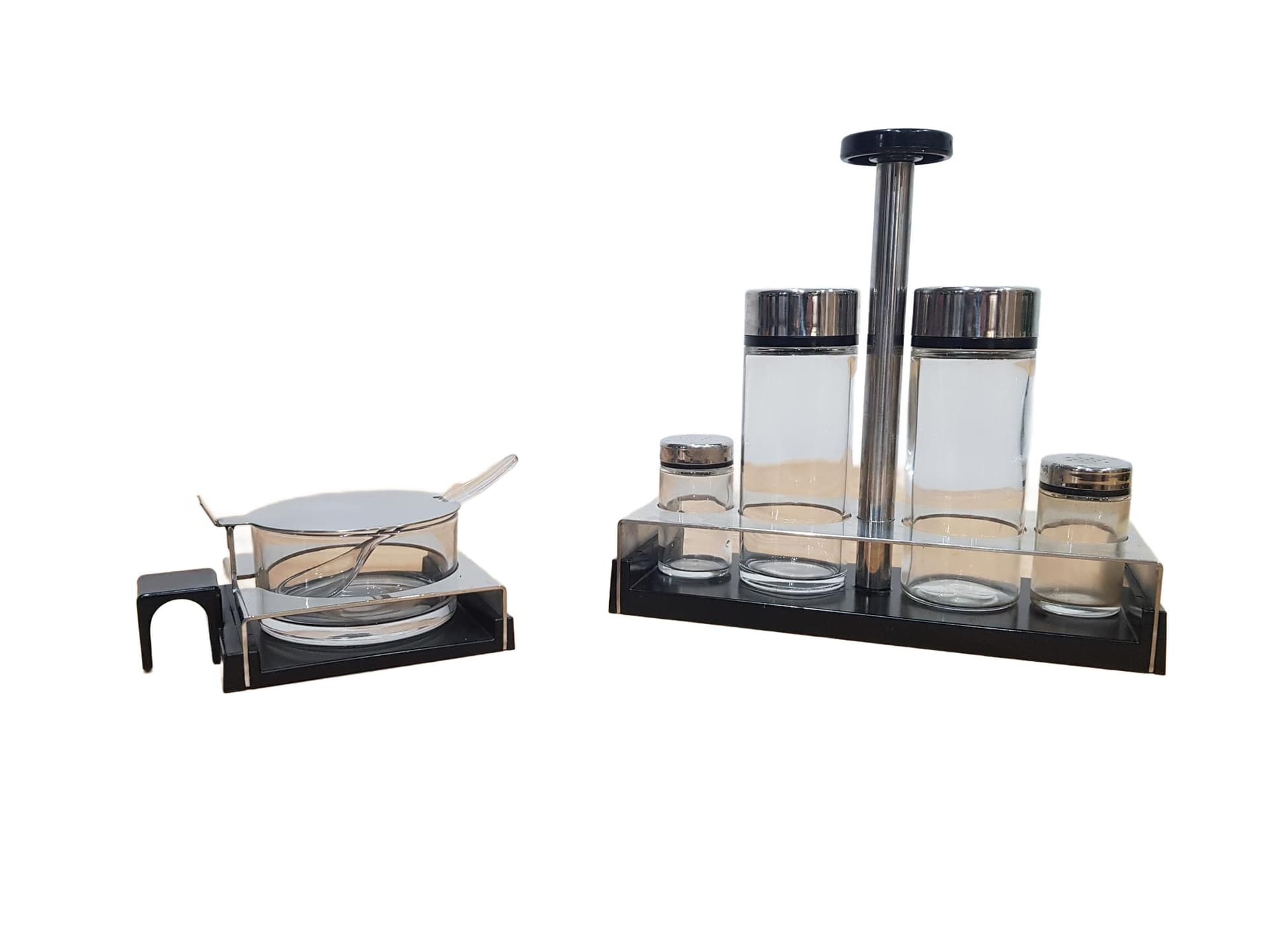 Condiment and Sweet Set Abert, silver stainless steel, transparent glass, Italy, 1970s.