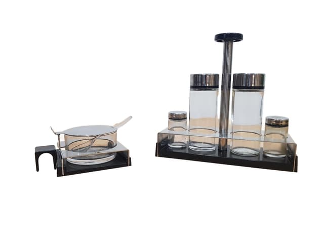 Condiment and Sweet Set Abert, silver stainless steel, transparent glass, Italy, 1970s. - DIMENSION