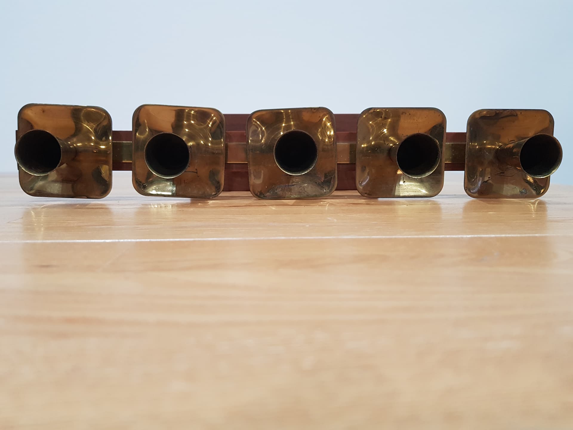 Candlestick, brown teak, gold brass, Germany, 1960s. - 352103