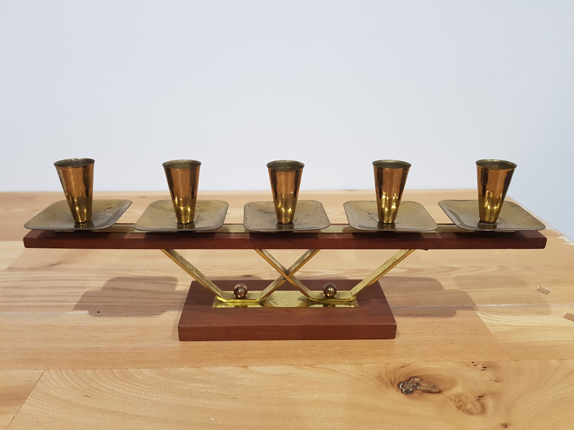Candlestick, brown teak, gold brass, Germany, 1960s. - 352110