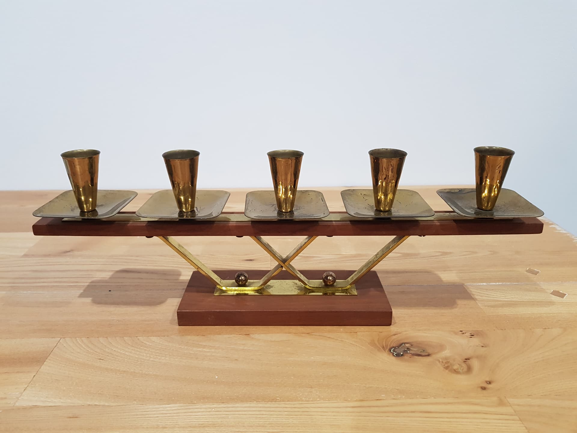 Candlestick, brown teak, gold brass, Germany, 1960s. - 352102