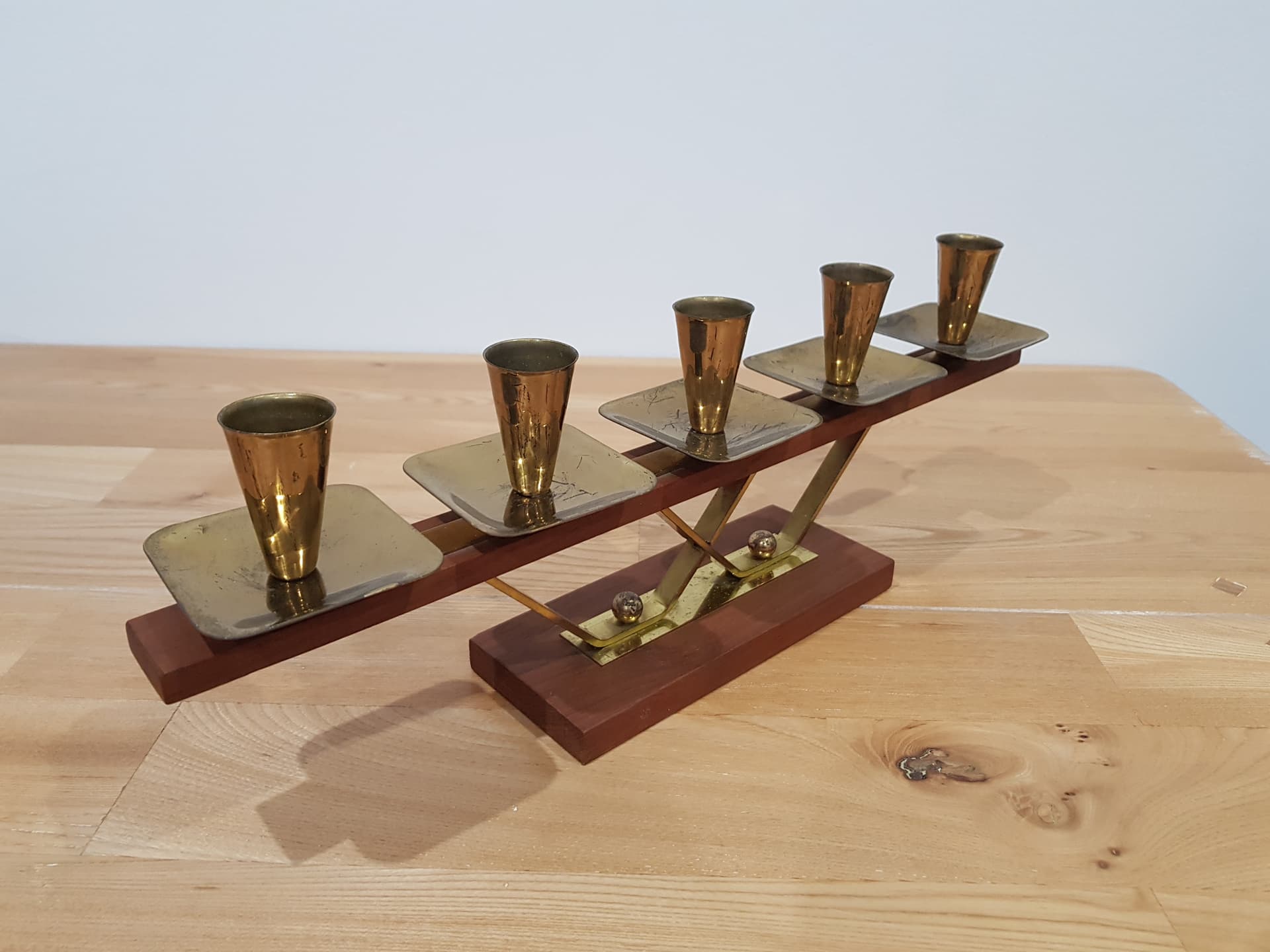 Candlestick, brown teak, gold brass, Germany, 1960s. - 352105