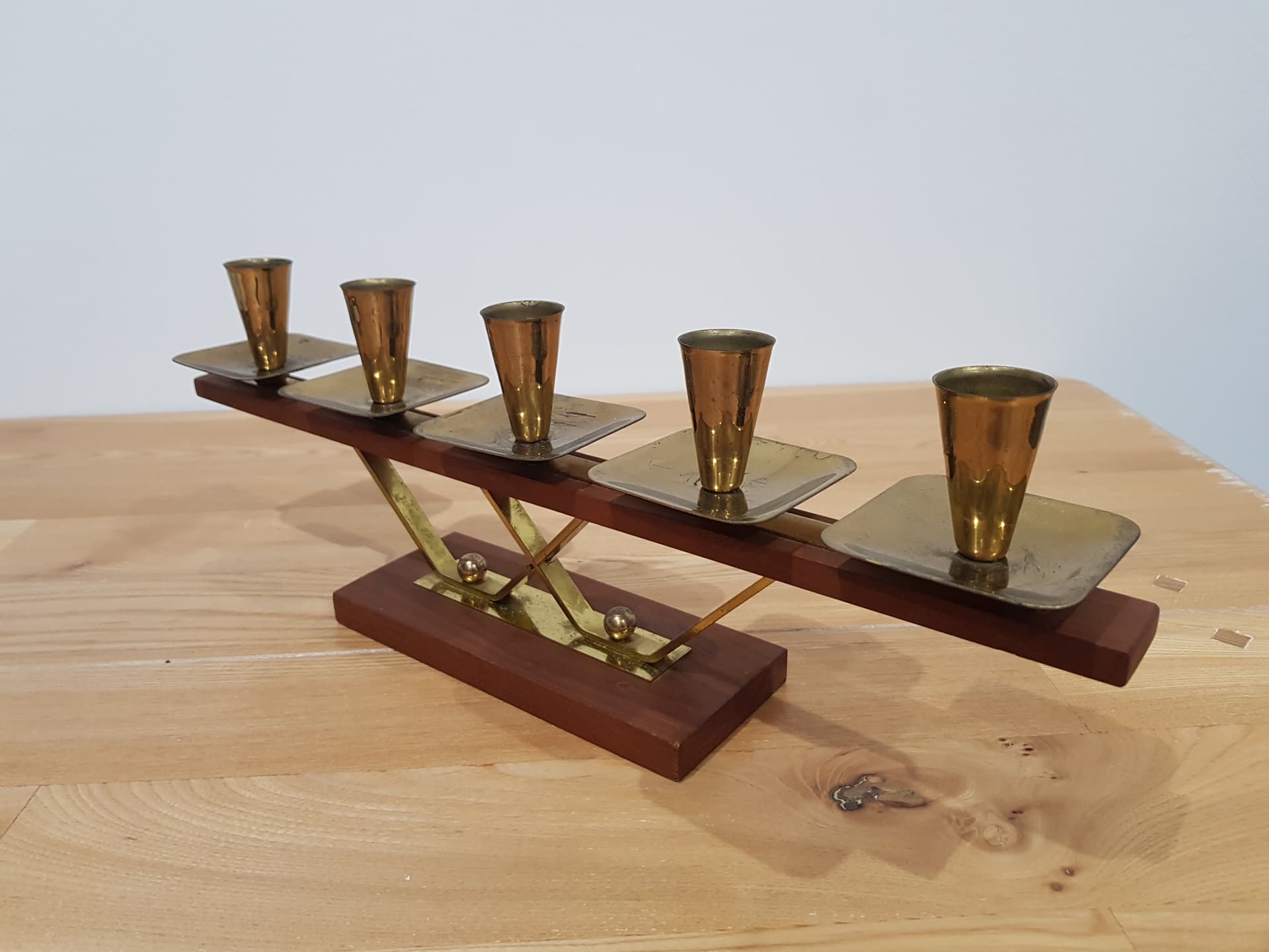 Candlestick, brown teak, gold brass, Germany, 1960s. - 352108