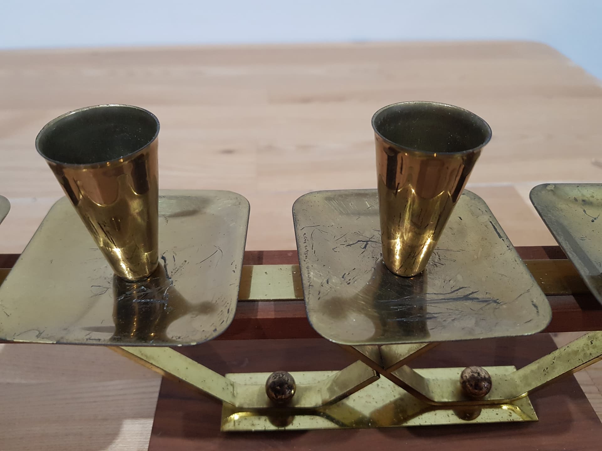 Candlestick, brown teak, gold brass, Germany, 1960s. - 352109