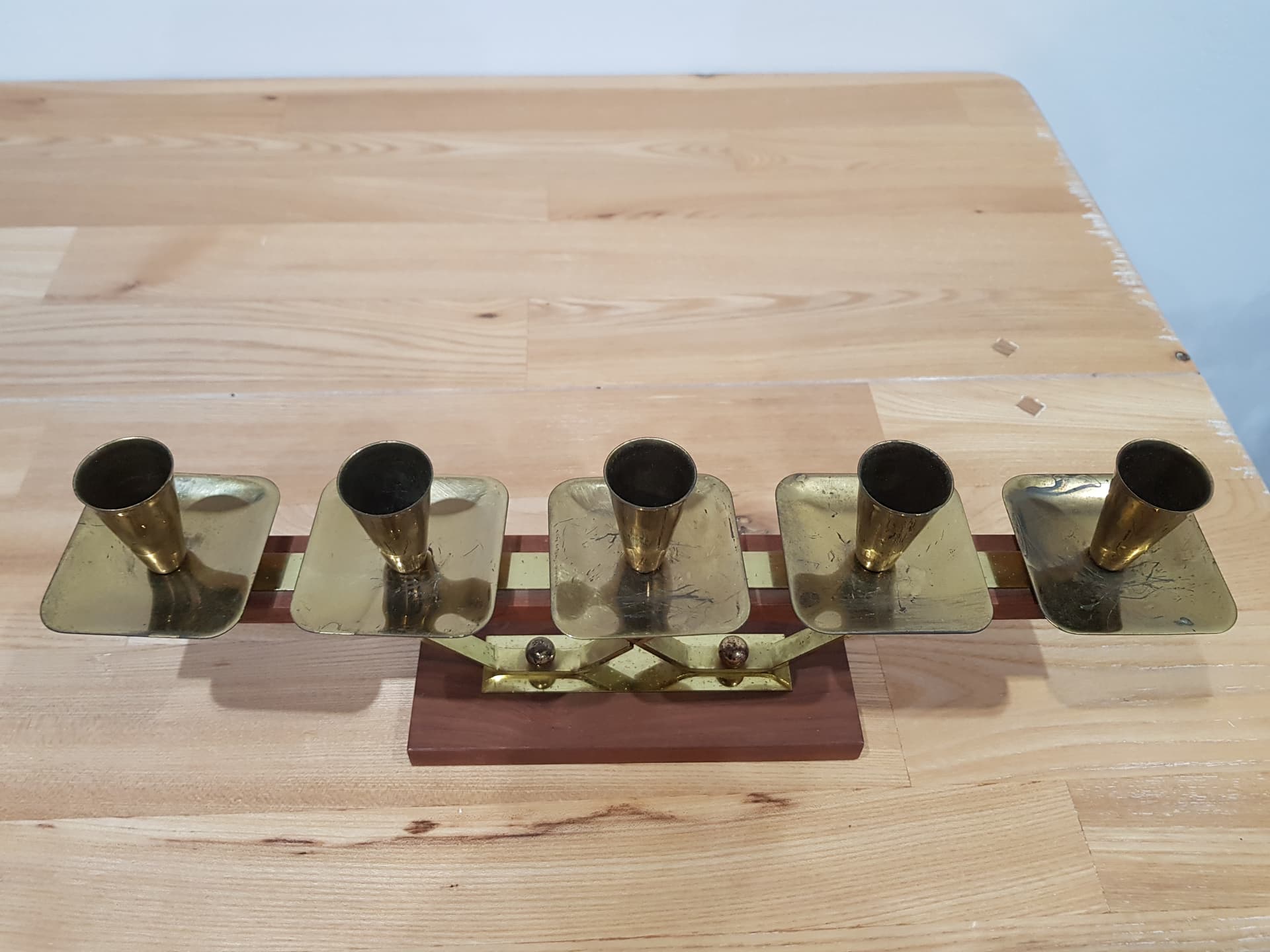 Candlestick, brown teak, gold brass, Germany, 1960s. - 352106