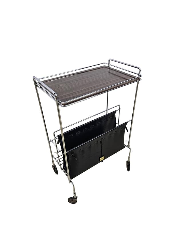 Bar trolley with magazine rack, brown laminated top, chrome steel, black faux leather, Germany, 1960s. - DIMENSION