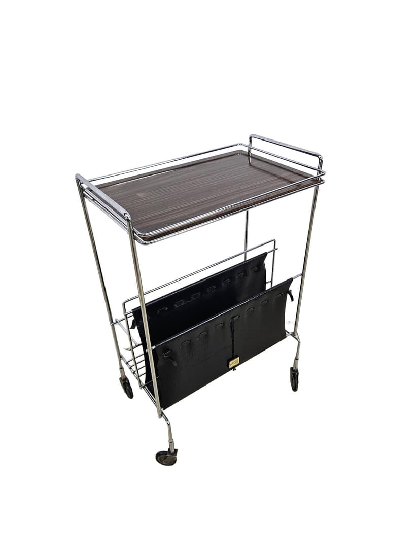 Bar trolley with magazine rack, brown laminated top, chrome steel, black faux leather, Germany, 1960s.