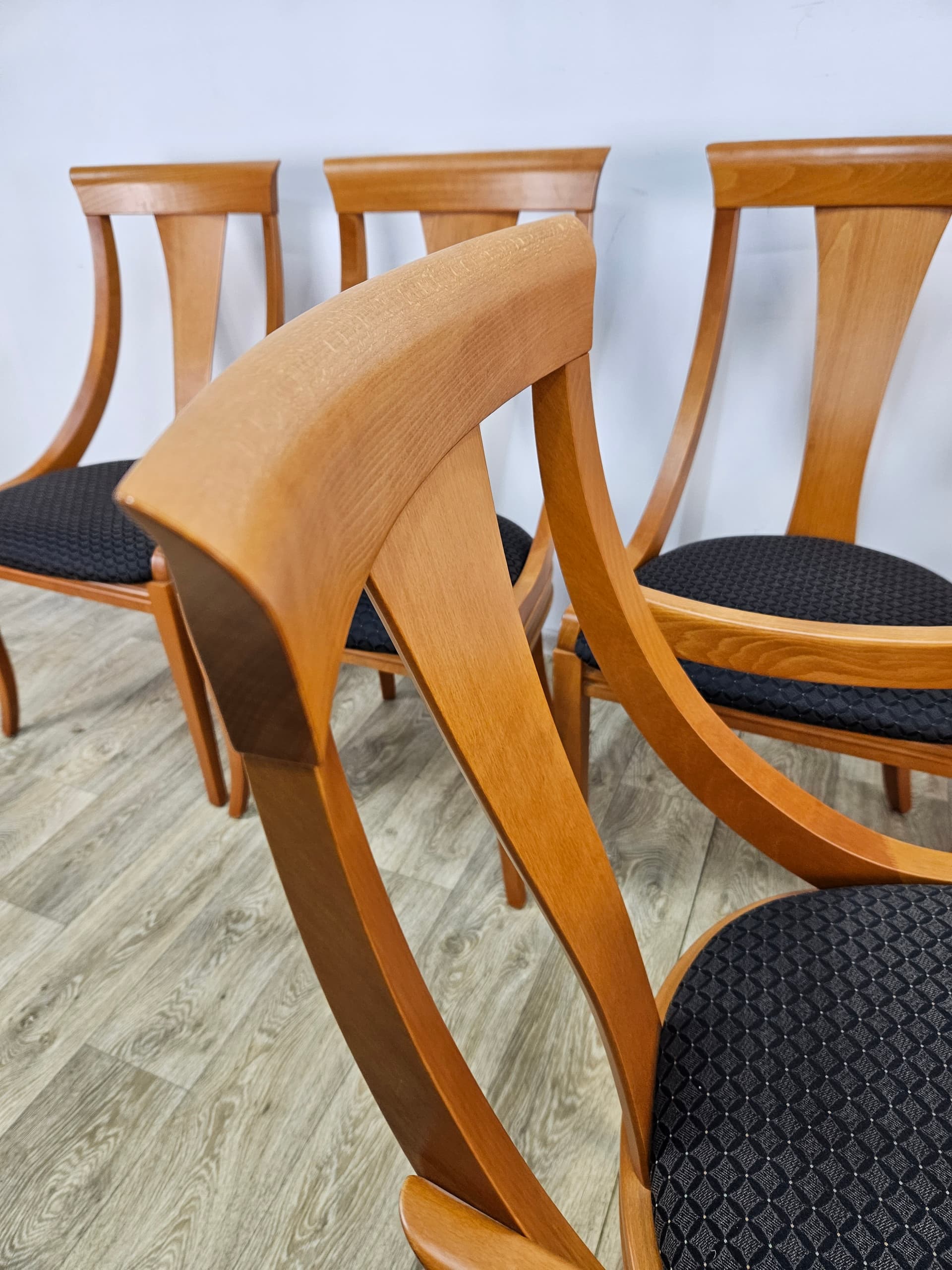 Set of six gondola chairs, brown wood, black fabric, Italy, 1970s. - 352148