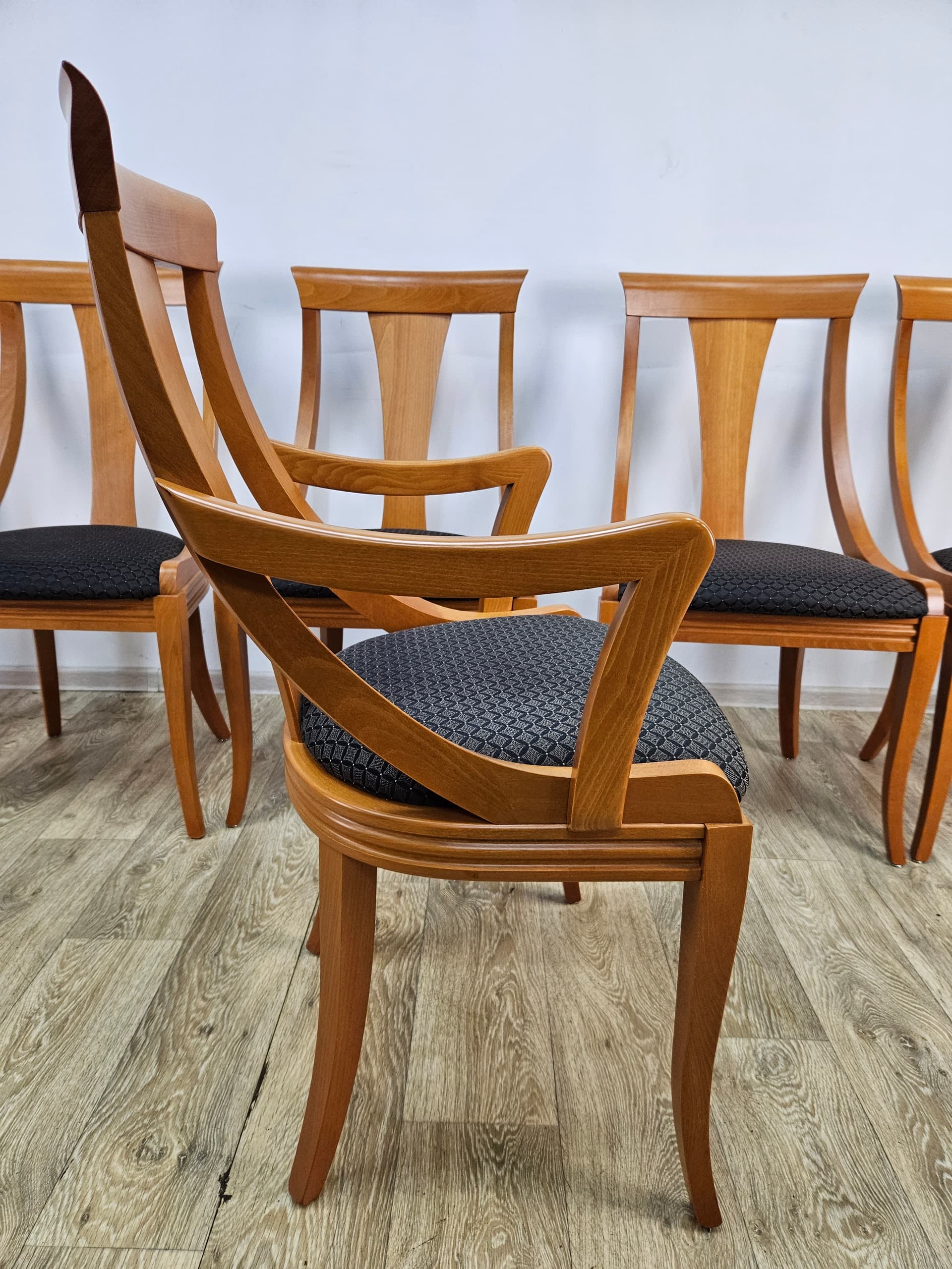 Set of six gondola chairs, brown wood, black fabric, Italy, 1970s. - 352147