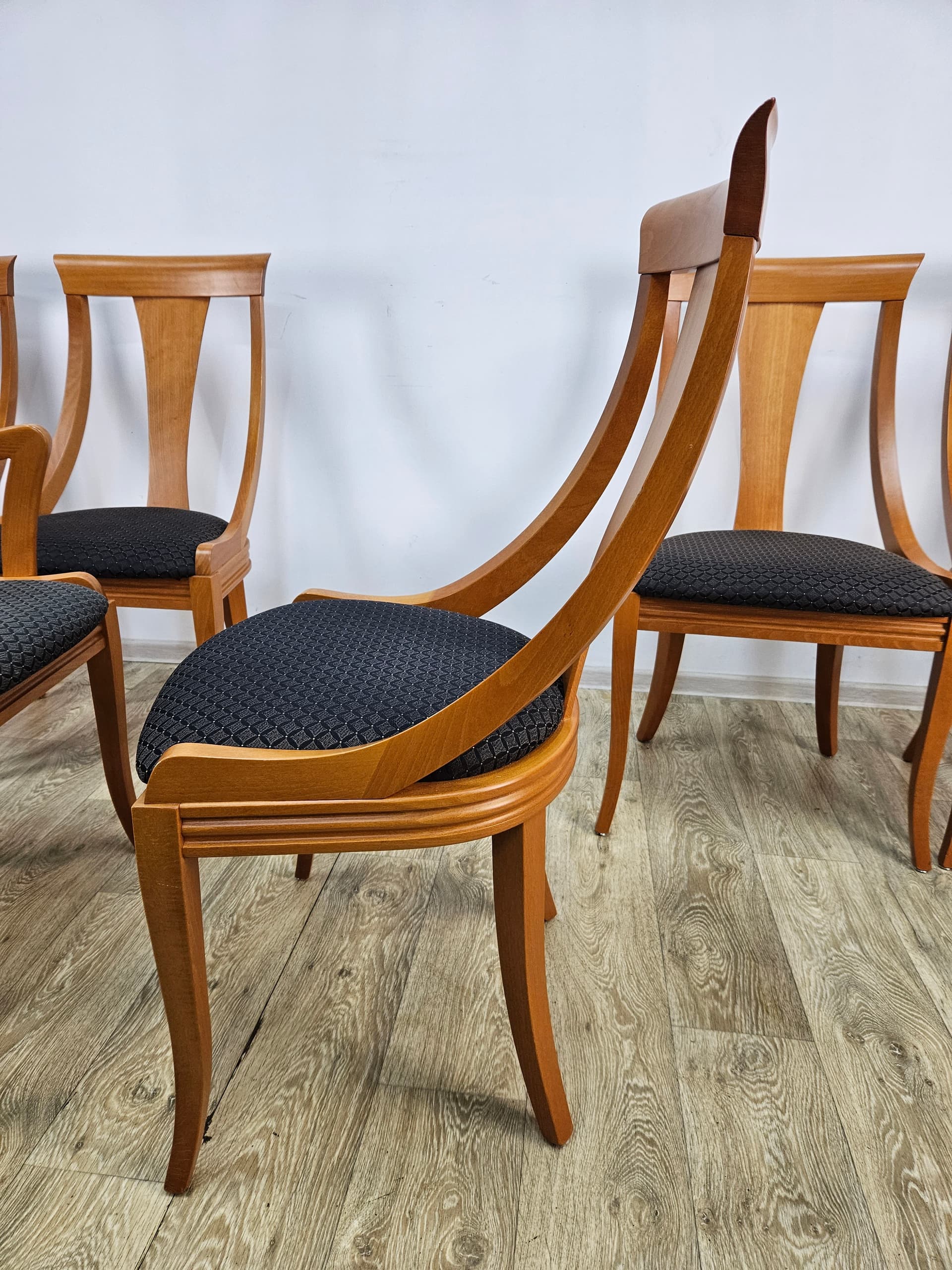 Set of six gondola chairs, brown wood, black fabric, Italy, 1970s. - 352151