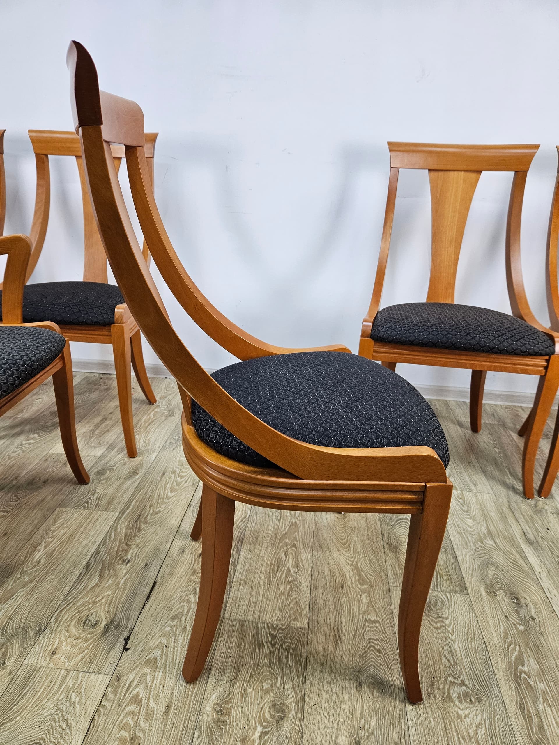Set of six gondola chairs, brown wood, black fabric, Italy, 1970s. - 352154
