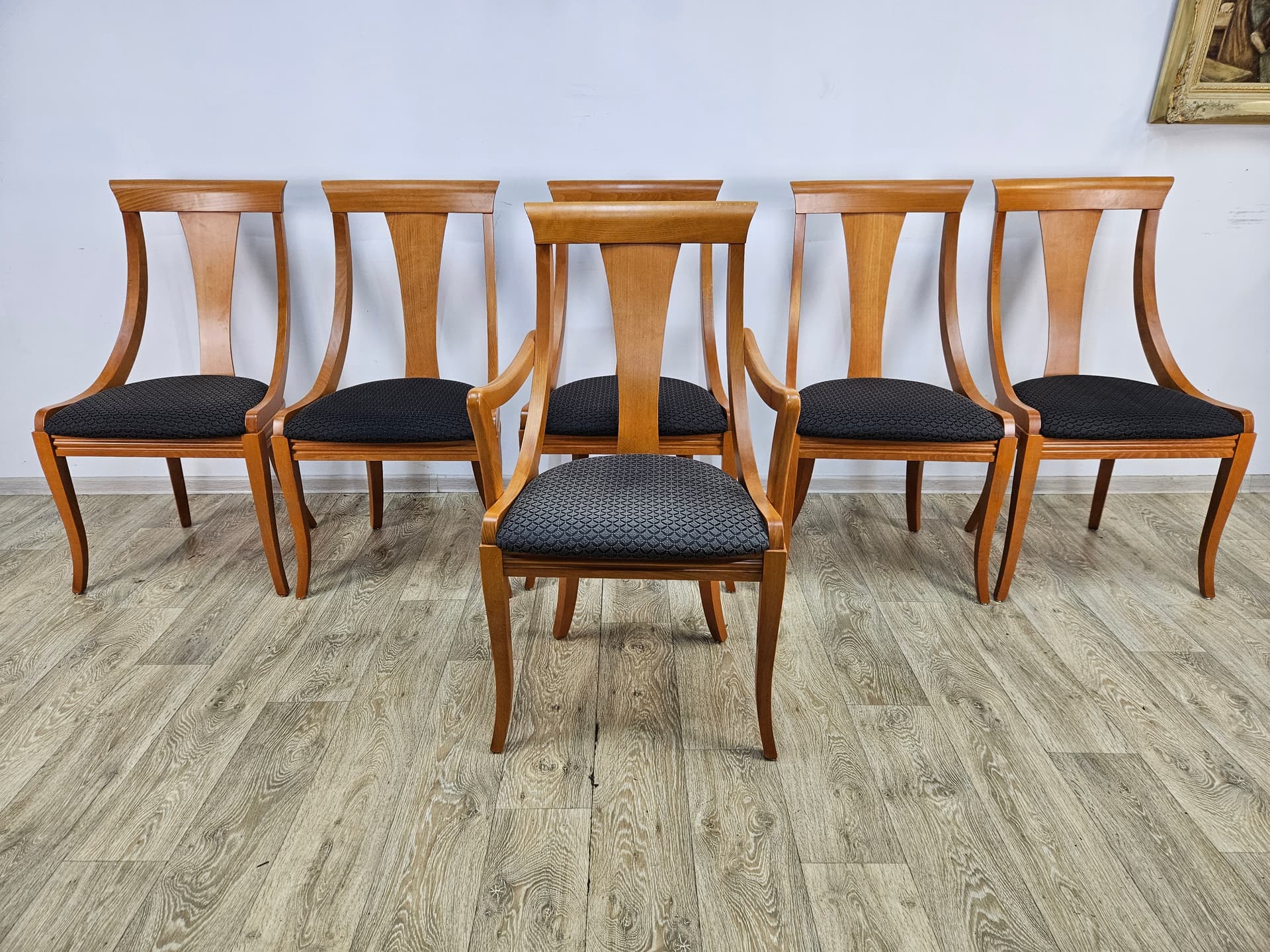 Set of six gondola chairs, brown wood, black fabric, Italy, 1970s. - 352146