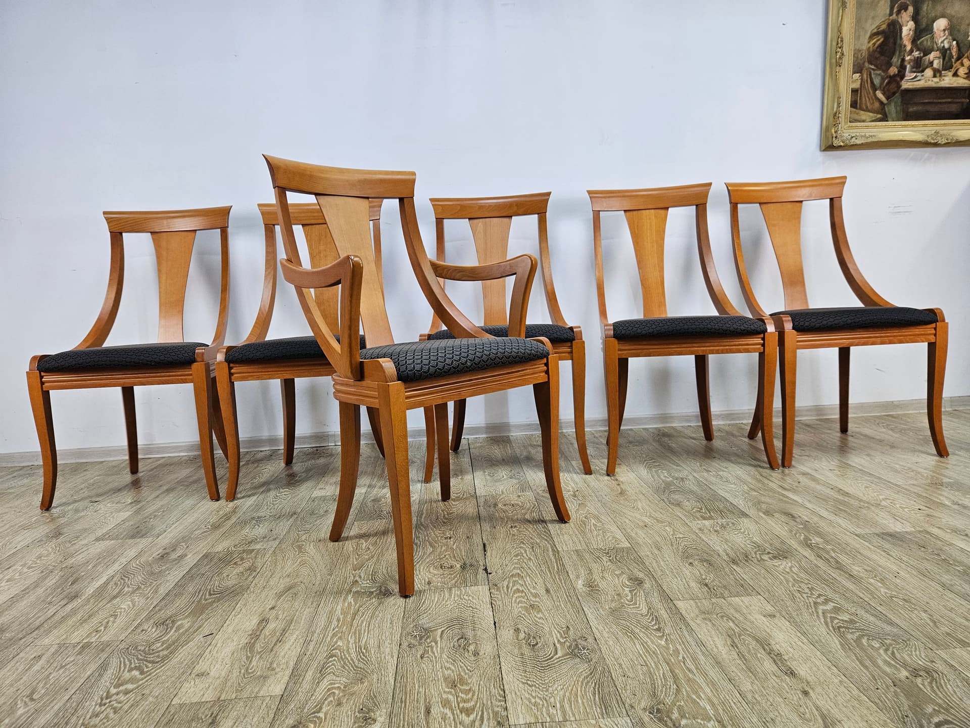 Set of six gondola chairs, brown wood, black fabric, Italy, 1970s. - 352152