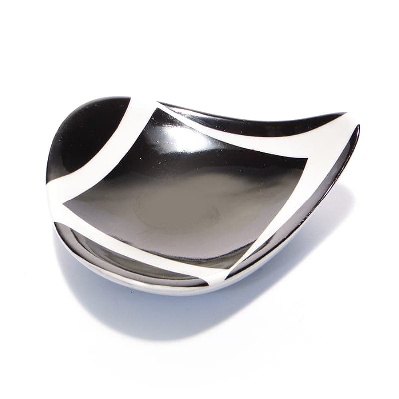 Dish Leaf, black white, porcelain, by D. Duszniak, Ćmielów, Poland, 1950s