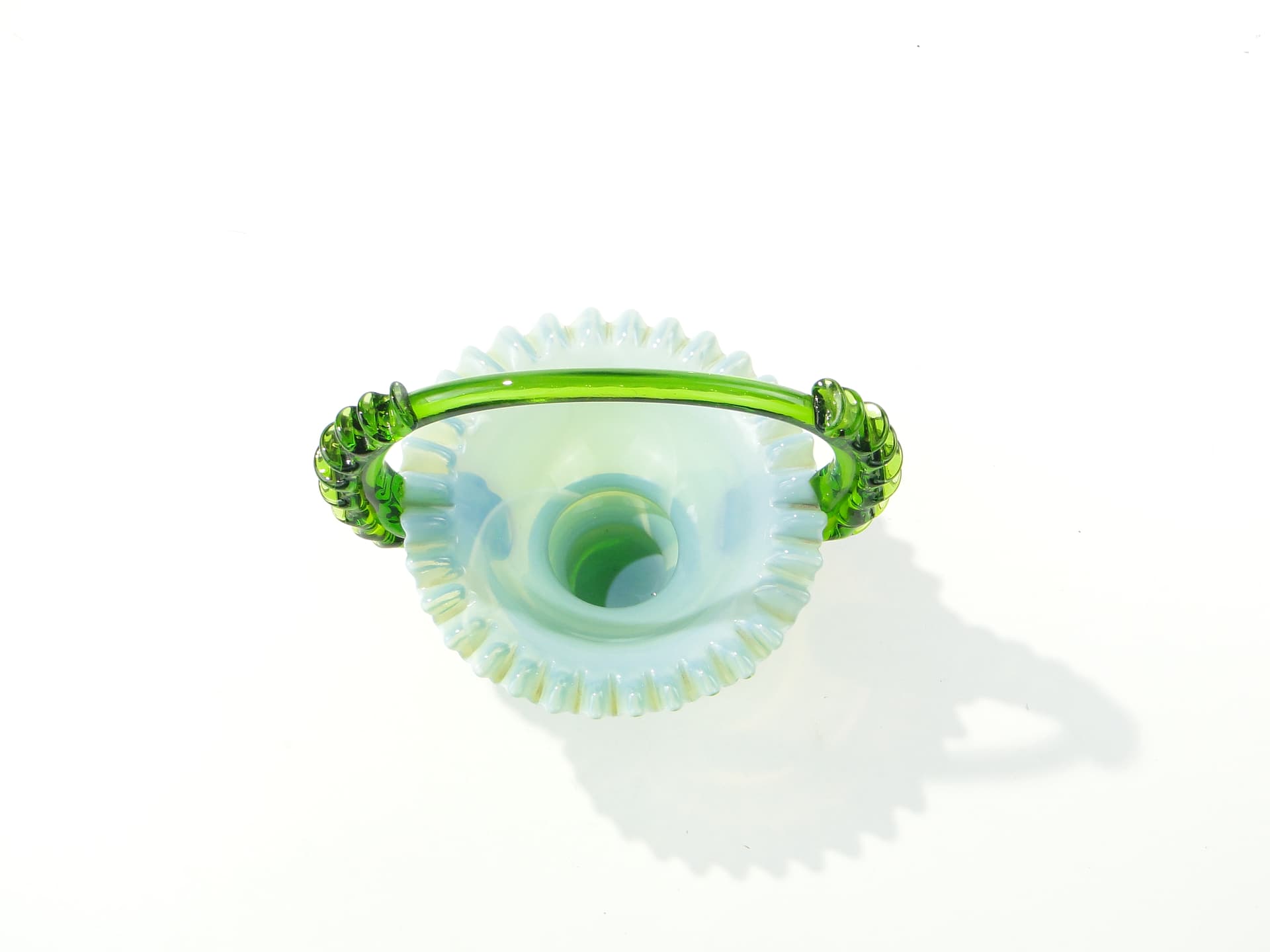 Glass Basket, green white, by L. Fiedorowicz, Poland, 1980s. - 352707