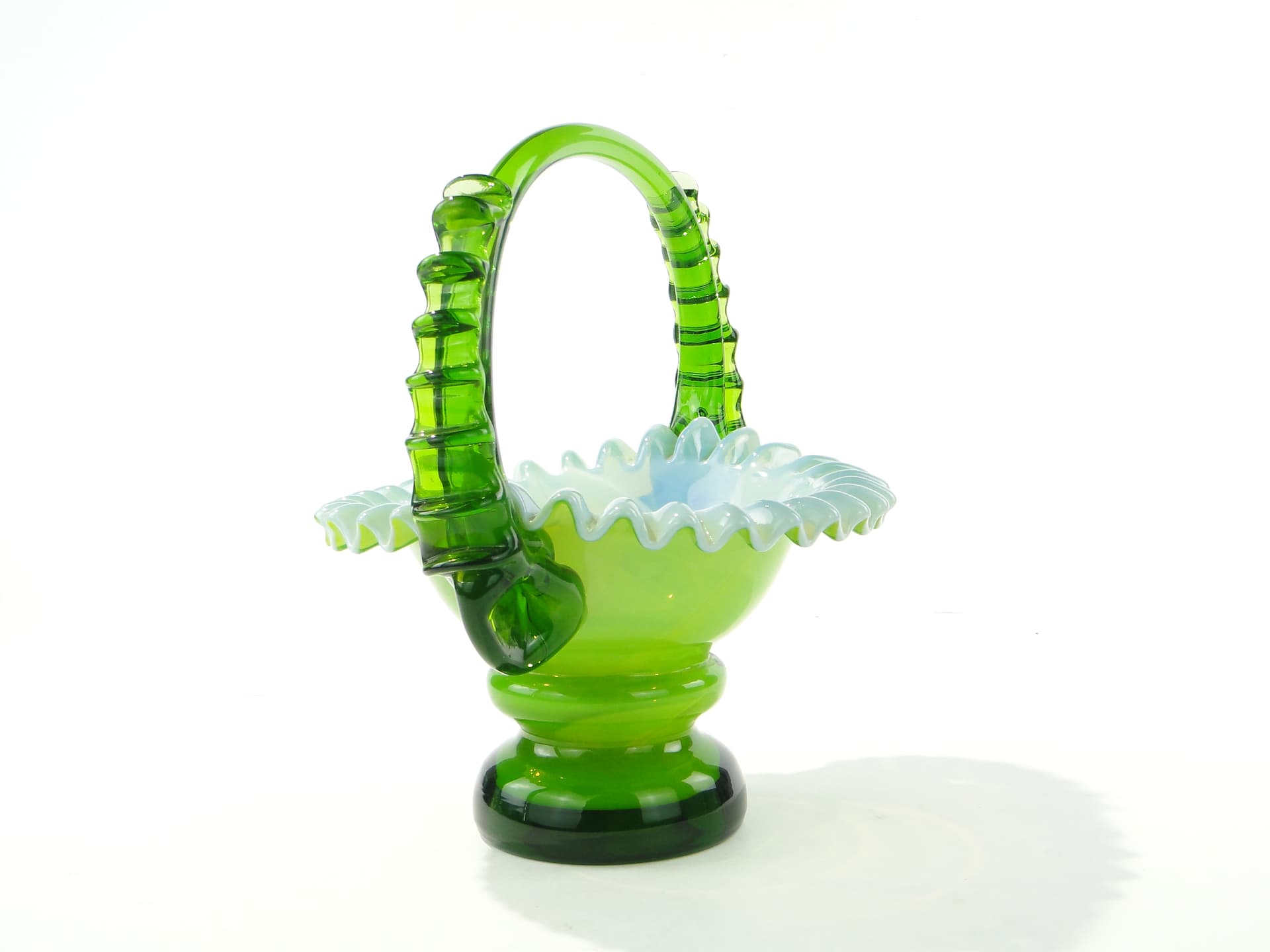 Glass Basket, green white, by L. Fiedorowicz, Poland, 1980s. - 352710