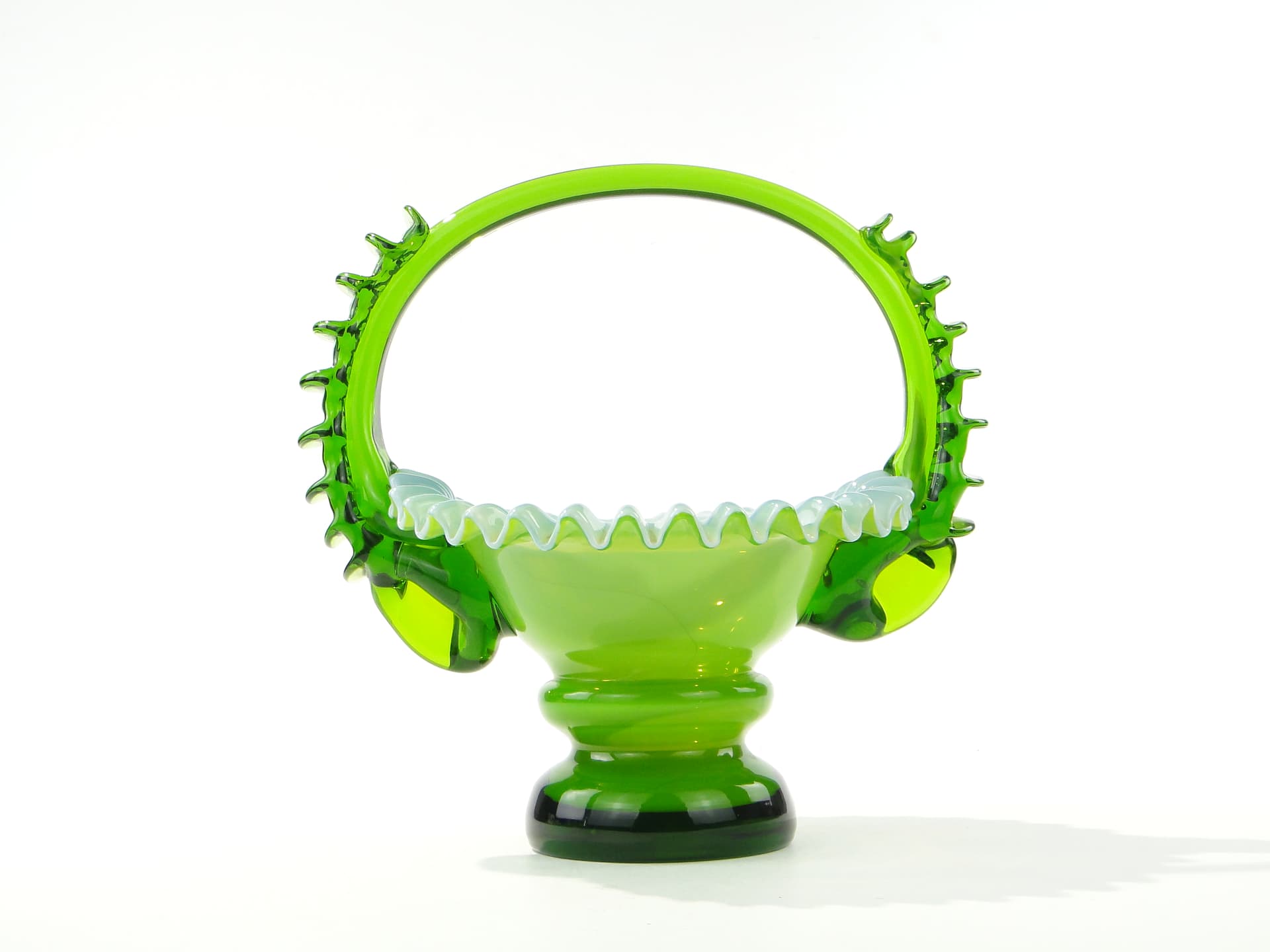Glass Basket, green white, by L. Fiedorowicz, Poland, 1980s. - 352712