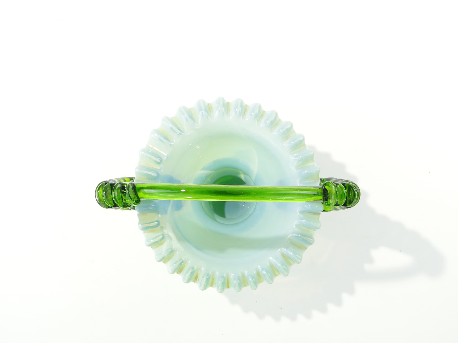 Glass Basket, green white, by L. Fiedorowicz, Poland, 1980s. - 352715