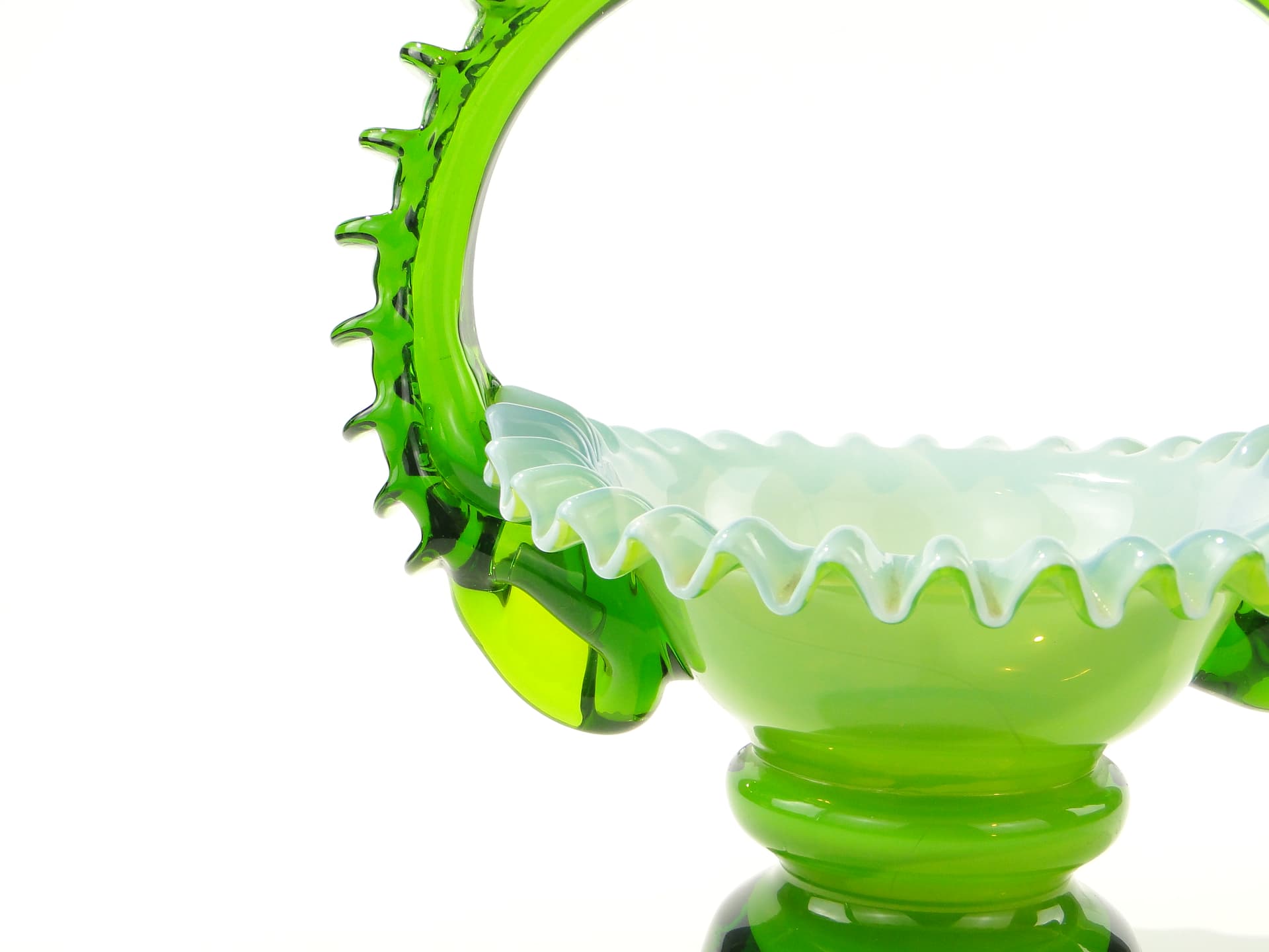 Glass Basket, green white, by L. Fiedorowicz, Poland, 1980s. - 352711