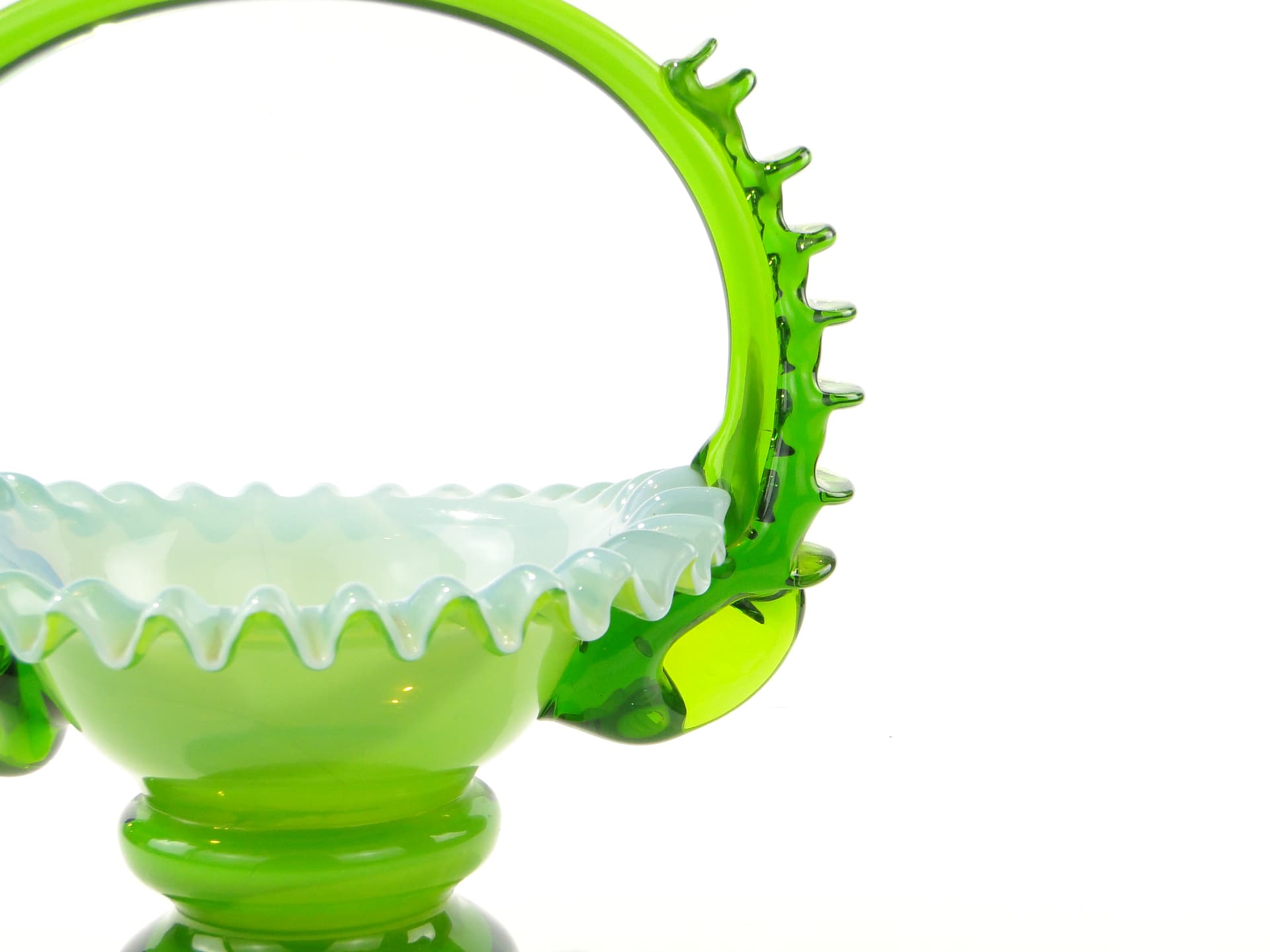 Glass Basket, green white, by L. Fiedorowicz, Poland, 1980s. - 352708