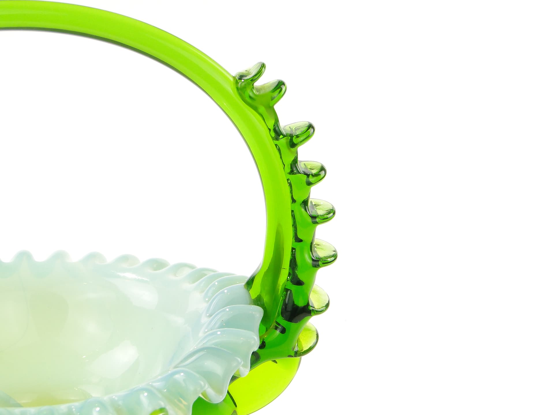 Glass Basket, green white, by L. Fiedorowicz, Poland, 1980s. - 352714