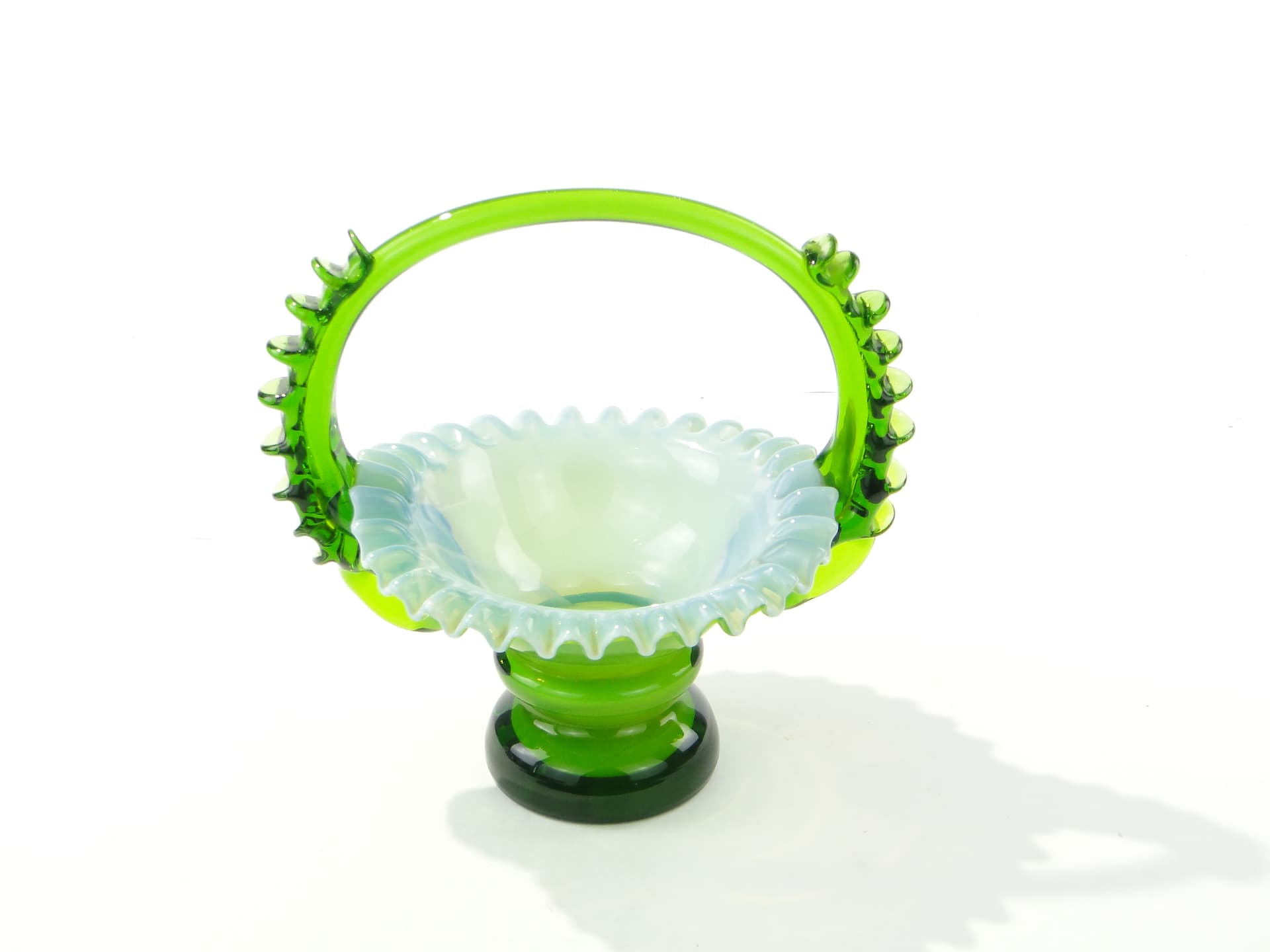 Glass Basket, green white, by L. Fiedorowicz, Poland, 1980s. - 352706