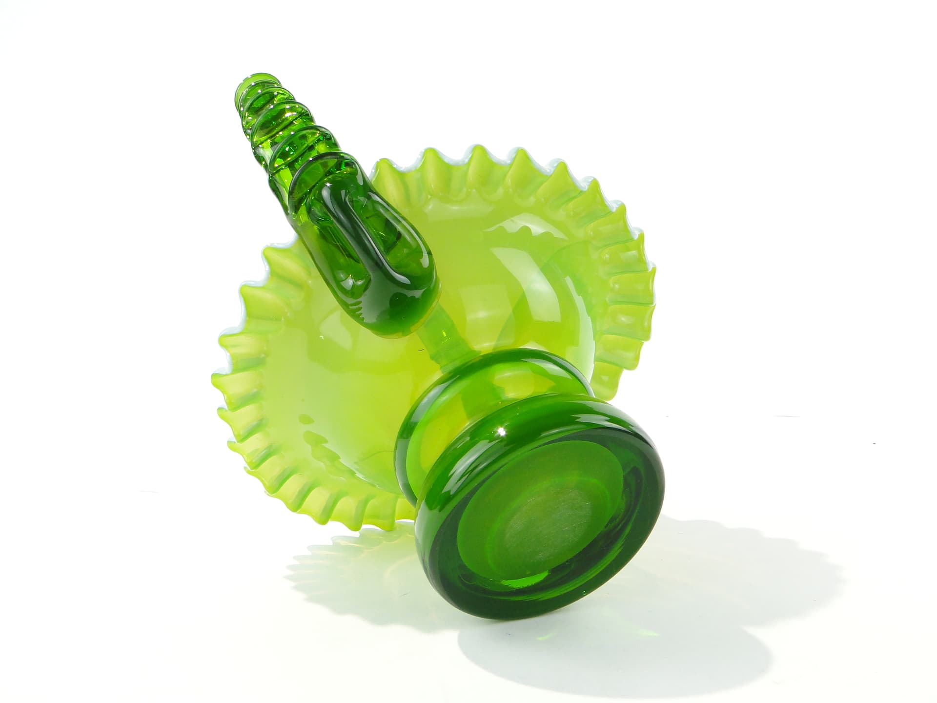 Glass Basket, green white, by L. Fiedorowicz, Poland, 1980s. - 352716