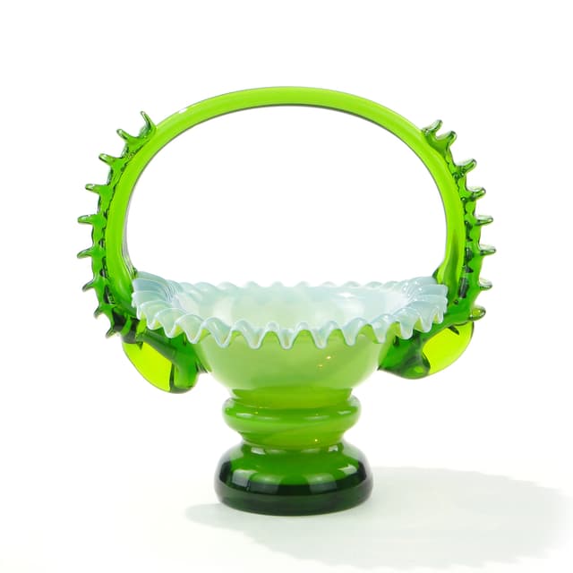 Glass Basket, green white, by L. Fiedorowicz, Poland, 1980s. - DIMENSION