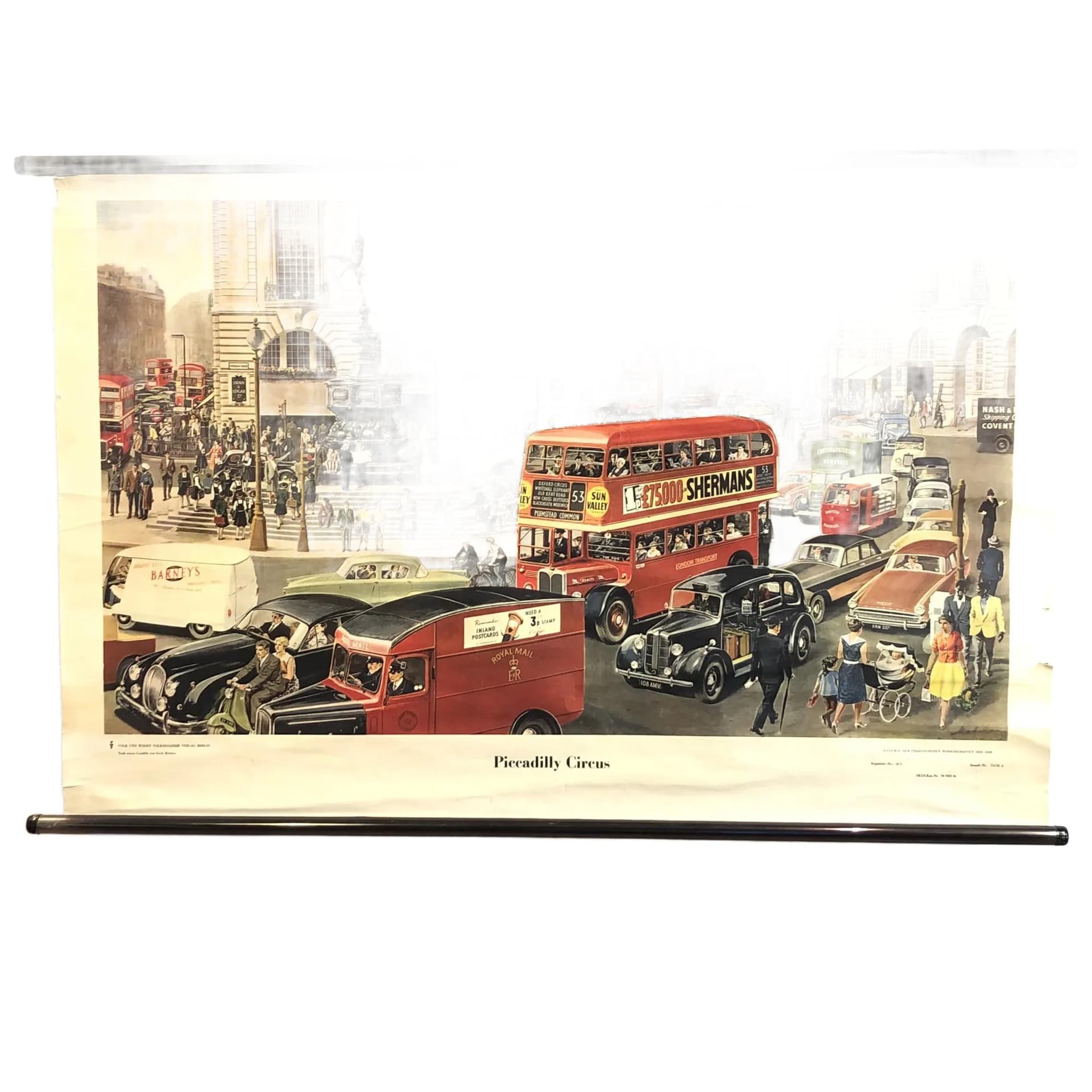 Educational Wall Chart Piccadilly Circus, multicolor paper, by E. Melcher, Germany, 1960s.