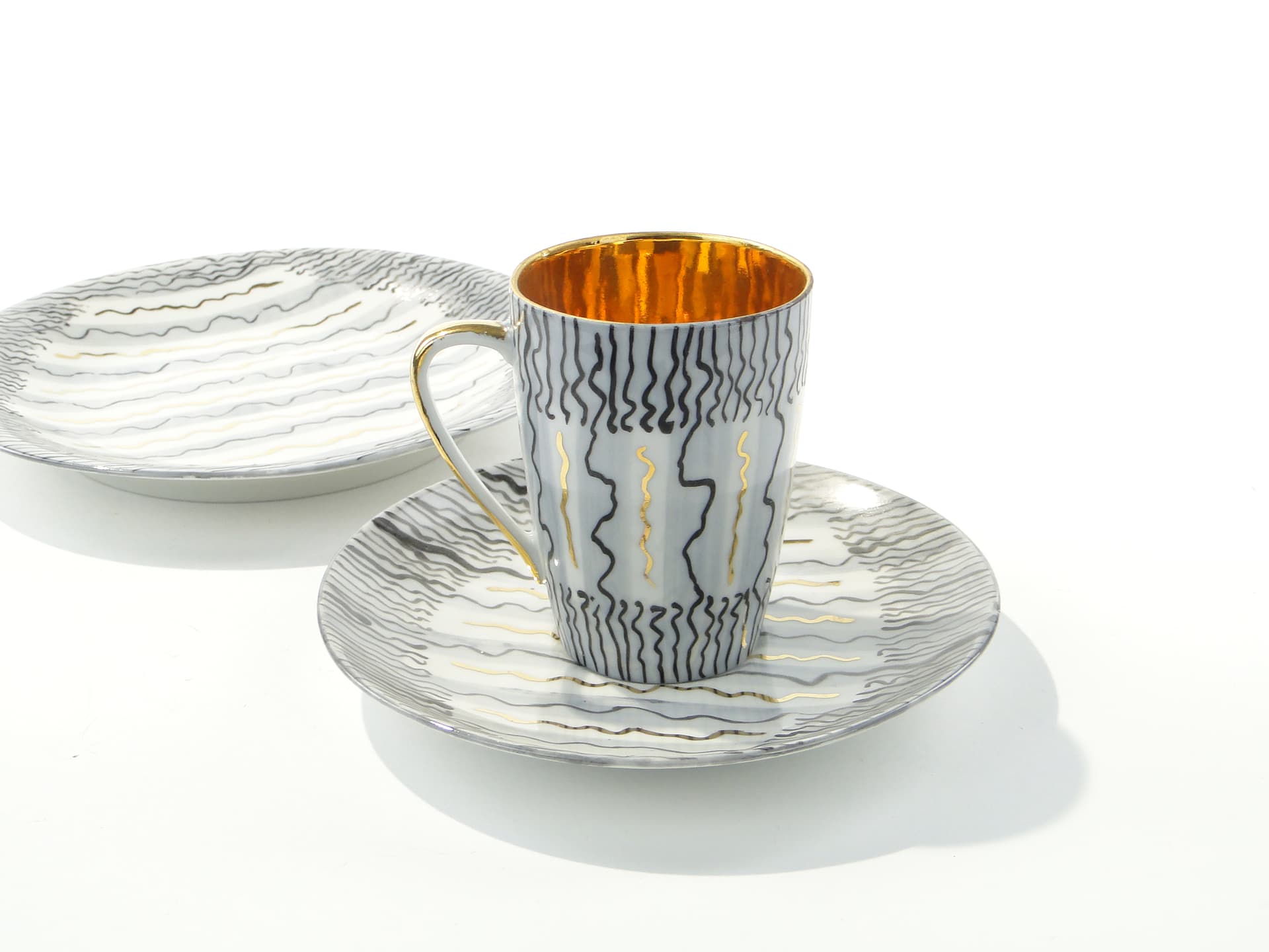 Zestaw śniadaniowy Goplana, biały złoty, porcelana, proj. W. Potacki, Ćmielów, Polska, lata 50. - 352914
