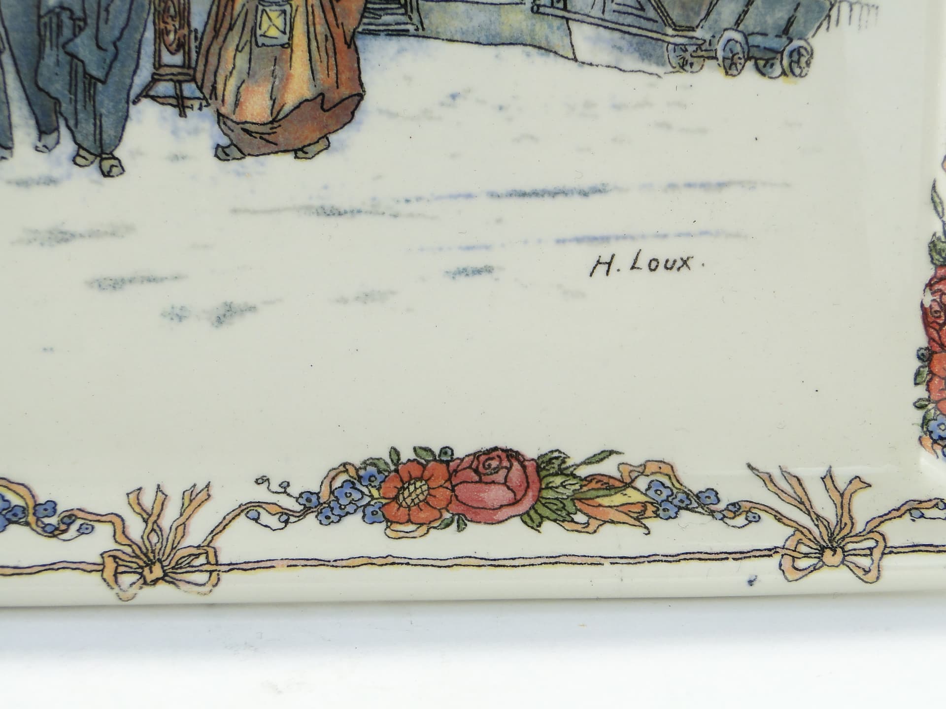 Tray Obernai, multicolour ceramics, by H. Loux, Sarreguemines, France, early 20th c. - 352923
