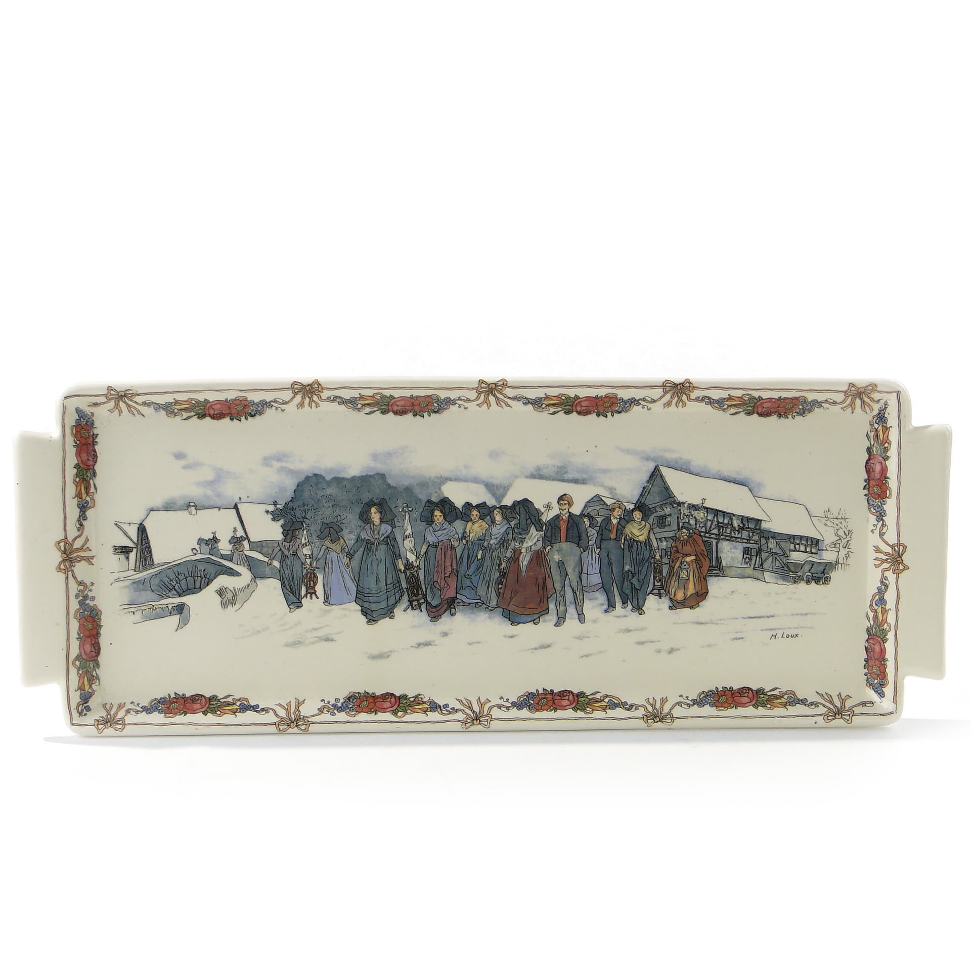 Tray Obernai, multicolour ceramics, by H. Loux, Sarreguemines, France, early 20th c.