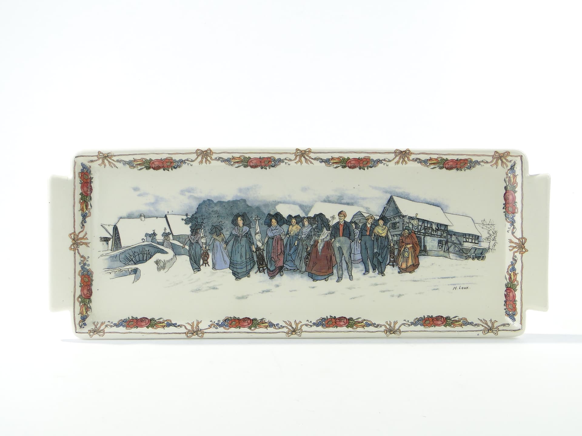 Tray Obernai, multicolour ceramics, by H. Loux, Sarreguemines, France, early 20th c. - 352924