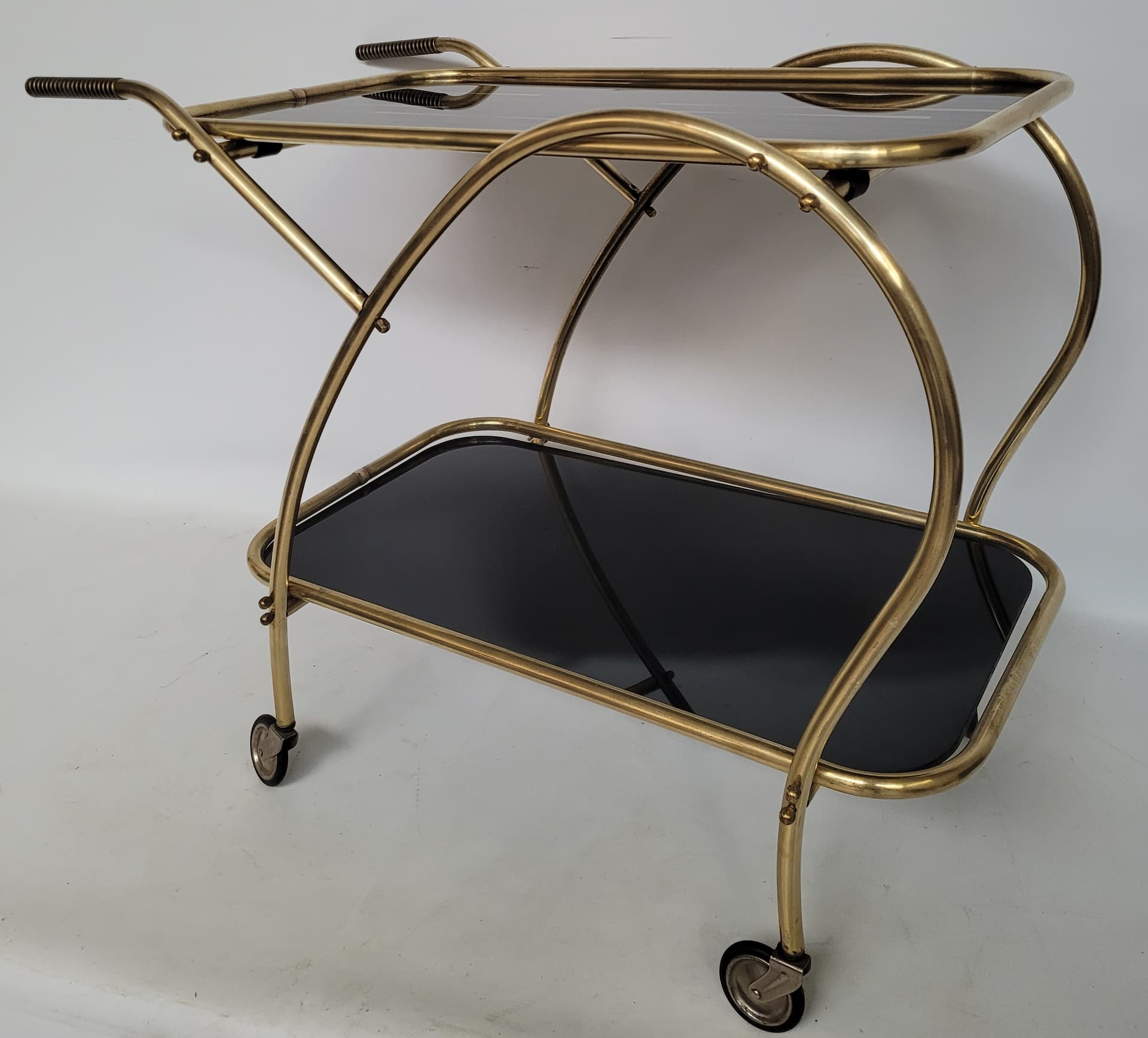 Bar cart, gold brass, black glass, 1950s. - 352949