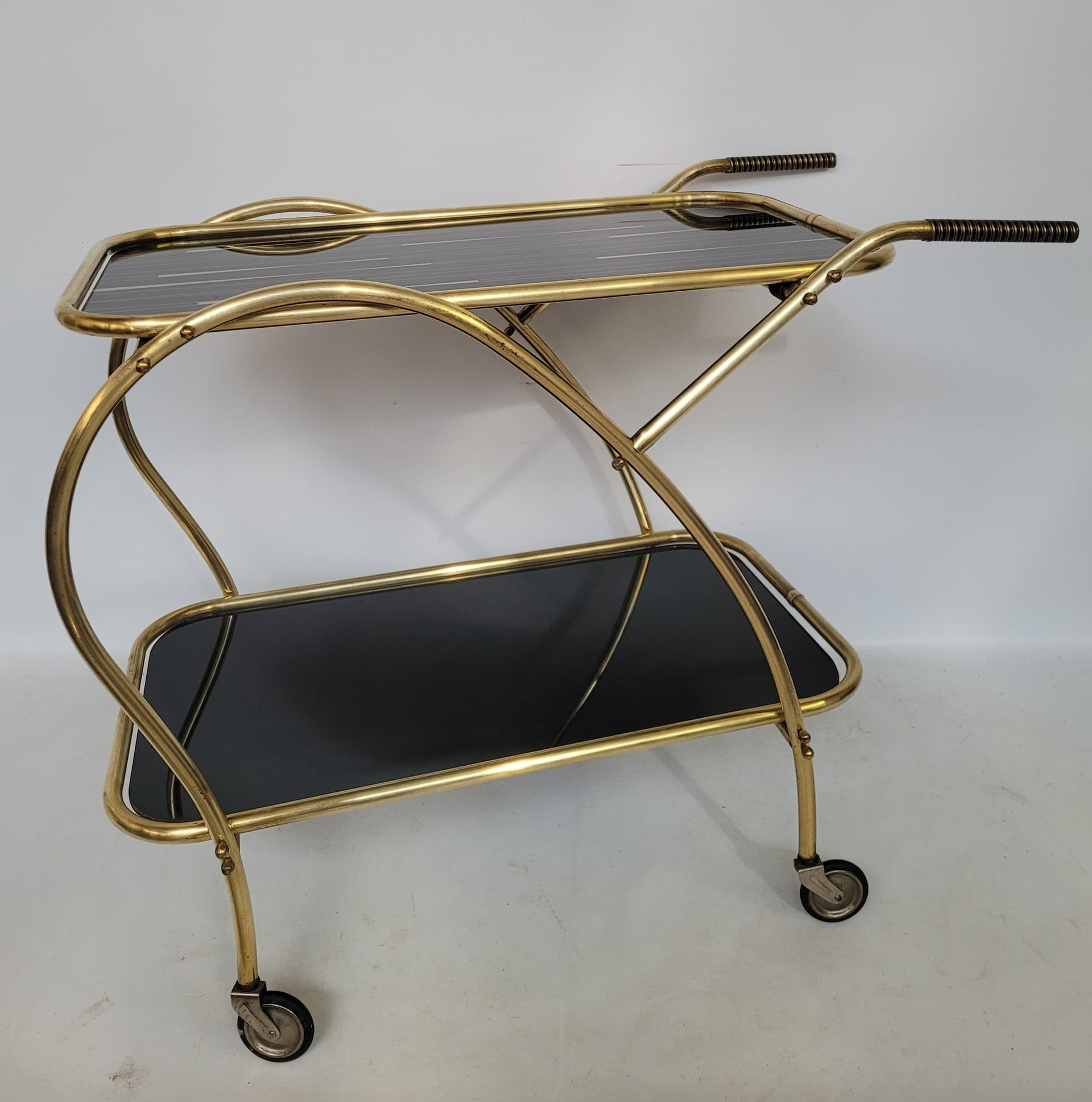 Bar cart, gold brass, black glass, 1950s. - 352946