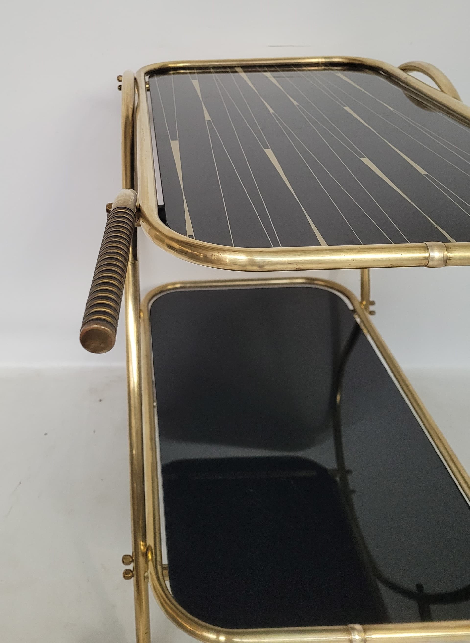 Bar cart, gold brass, black glass, 1950s. - 352948
