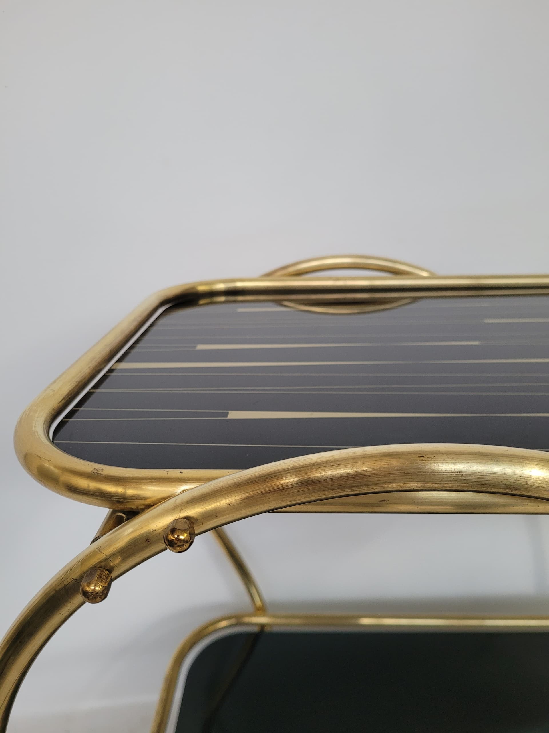 Bar cart, gold brass, black glass, 1950s. - 352947