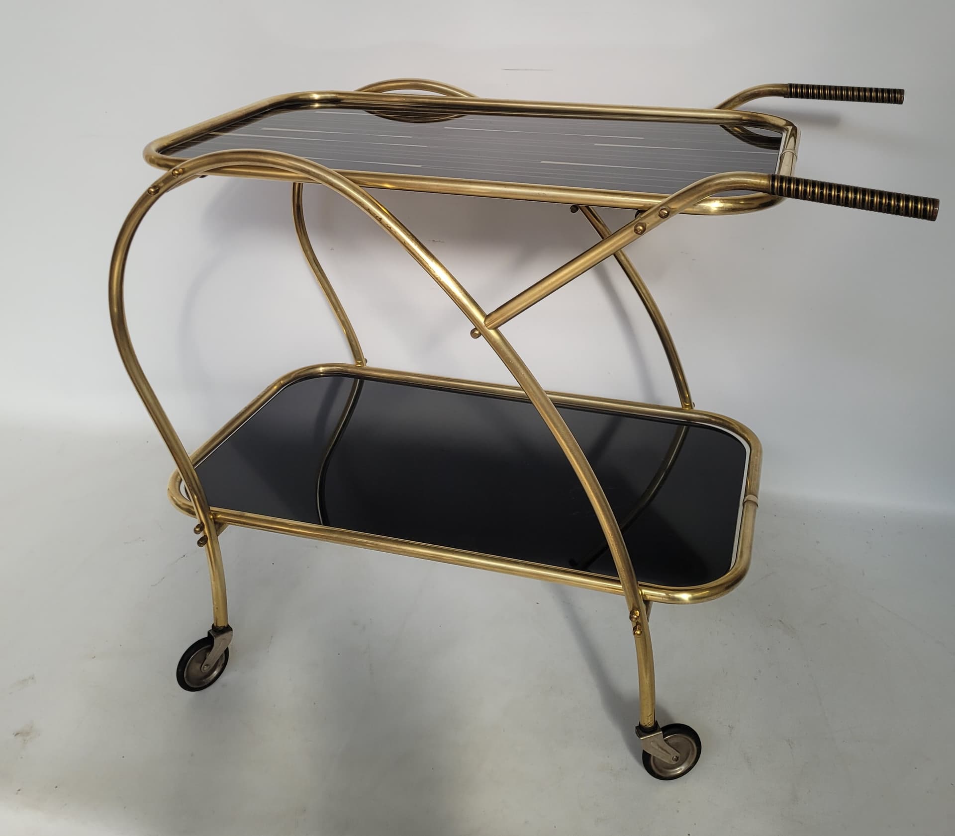 Bar cart, gold brass, black glass, 1950s. - 352945